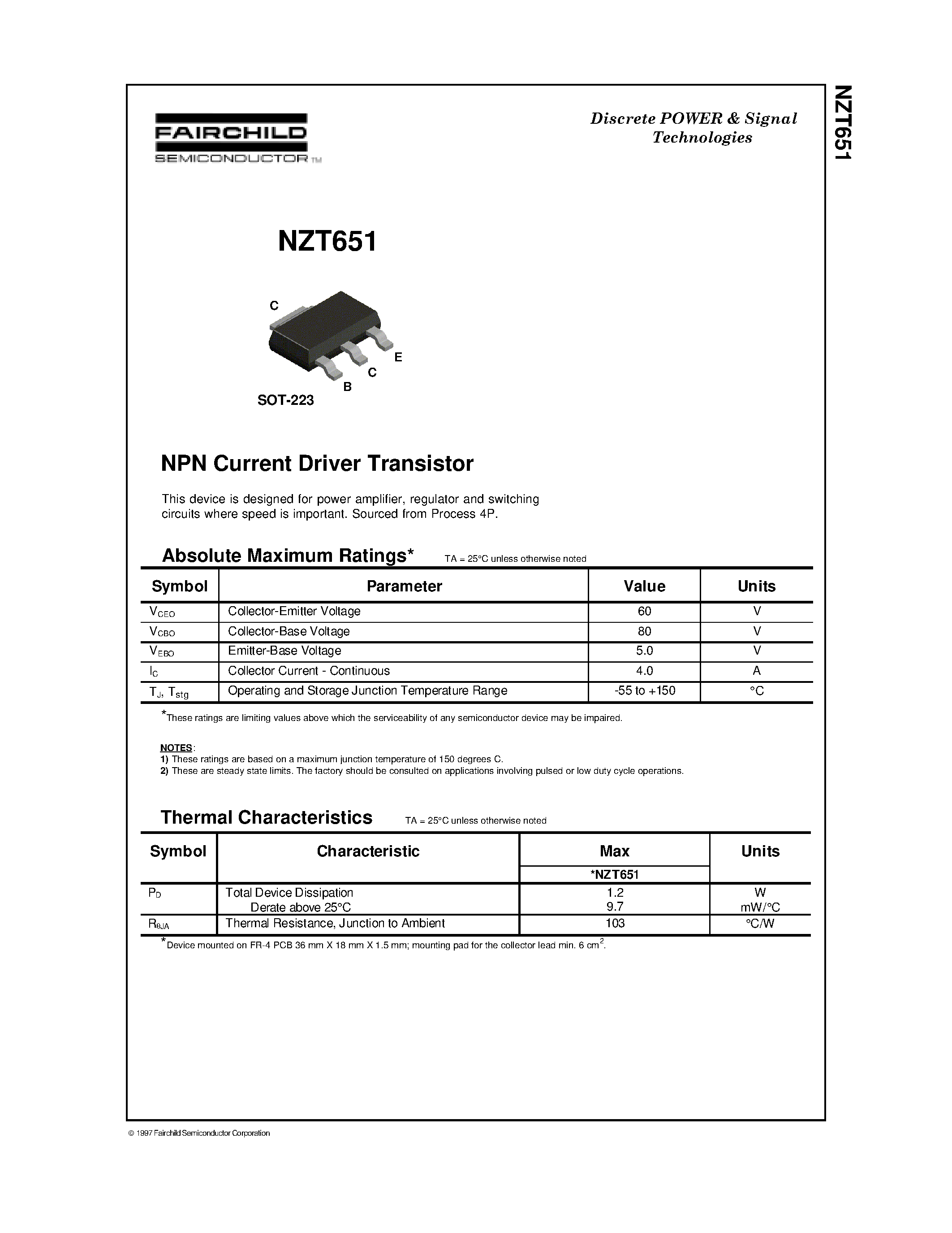 Даташит NZT651 - NPN Current Driver Transistor страница 1