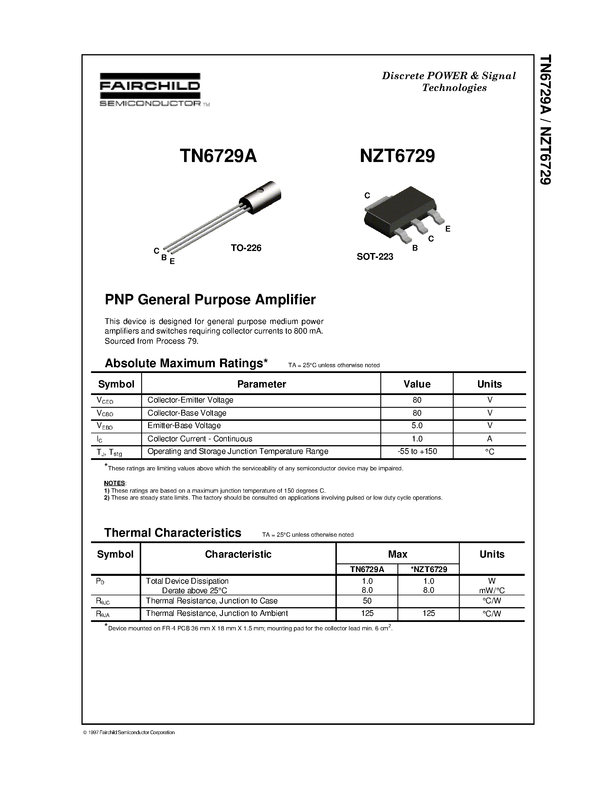 Datasheet NZT6729 - PNP General Purpose Amplifier page 1