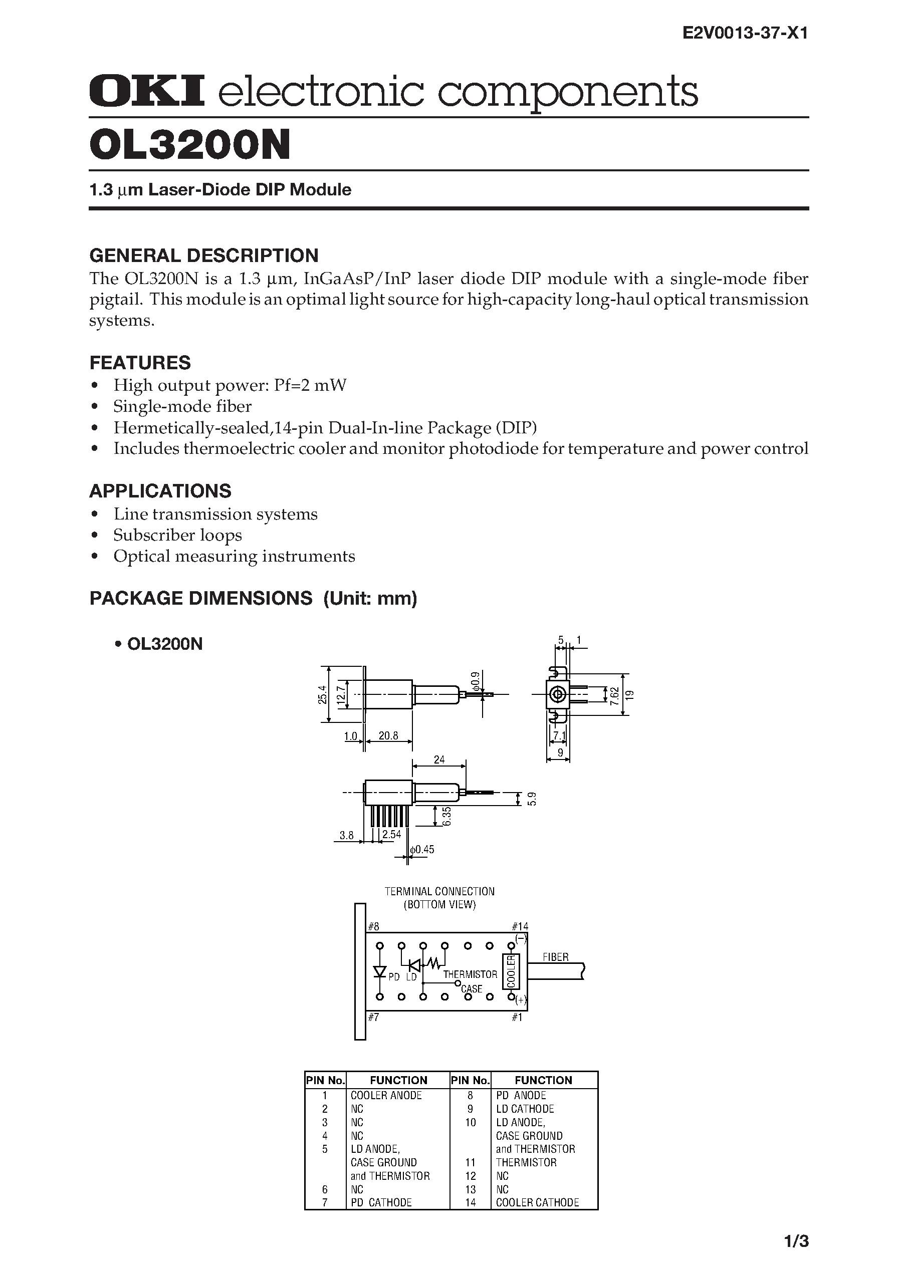 Даташит OL3200N - 1.3 m Laser-Diode DIP Module страница 1