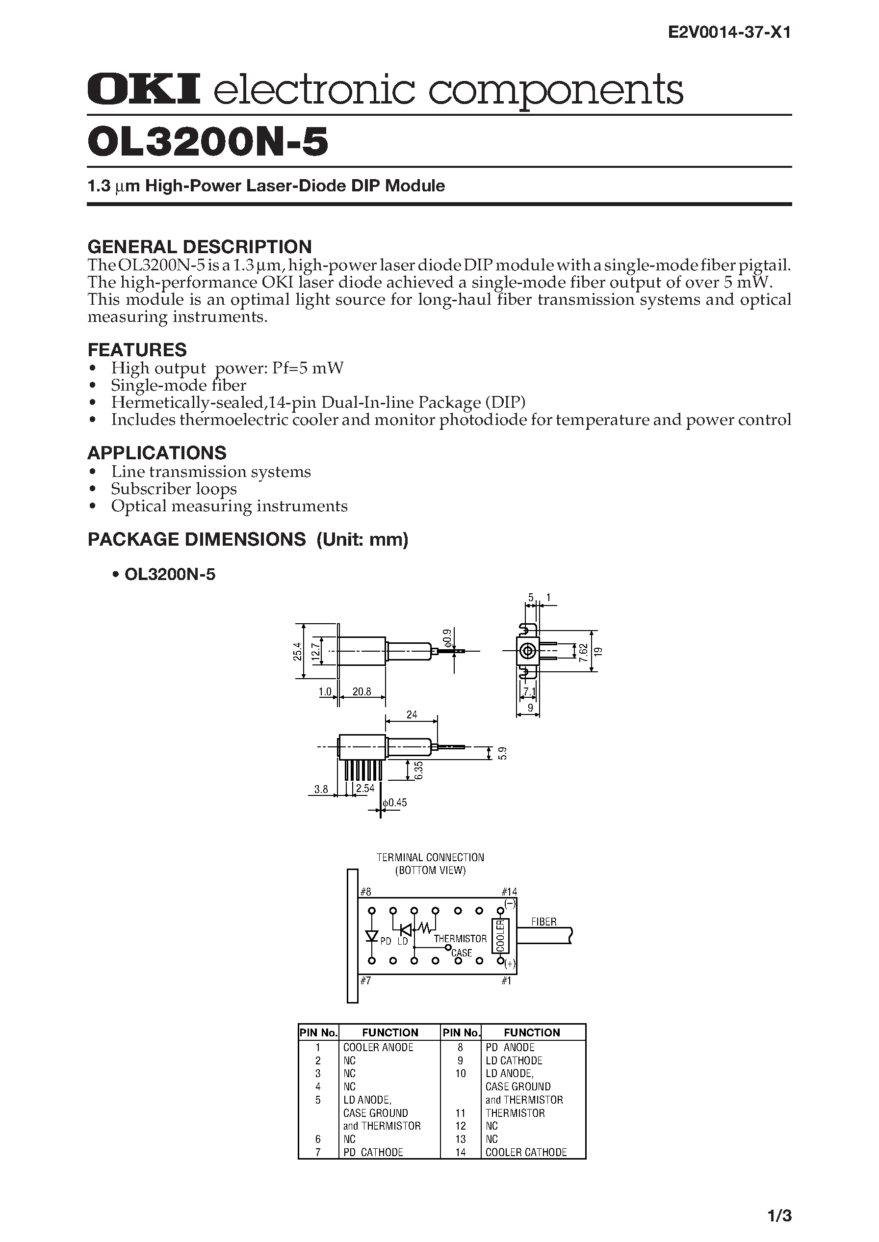 Datasheet OL3200N-5 - 1.3 m High-Power Laser-Diode DIP Module page 1