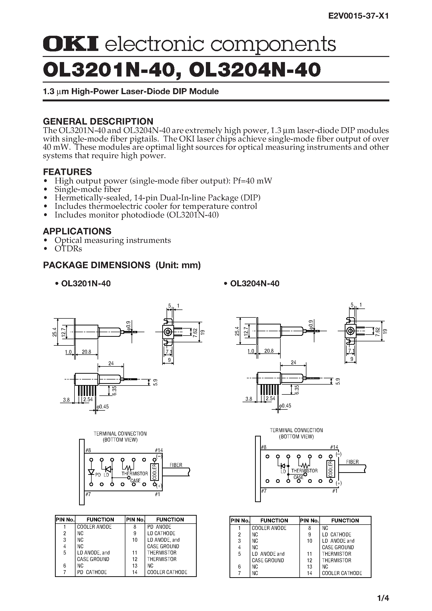 Datasheet OL3204N-40 - 1.3 m High-Power Laser-Diode DIP Module page 1