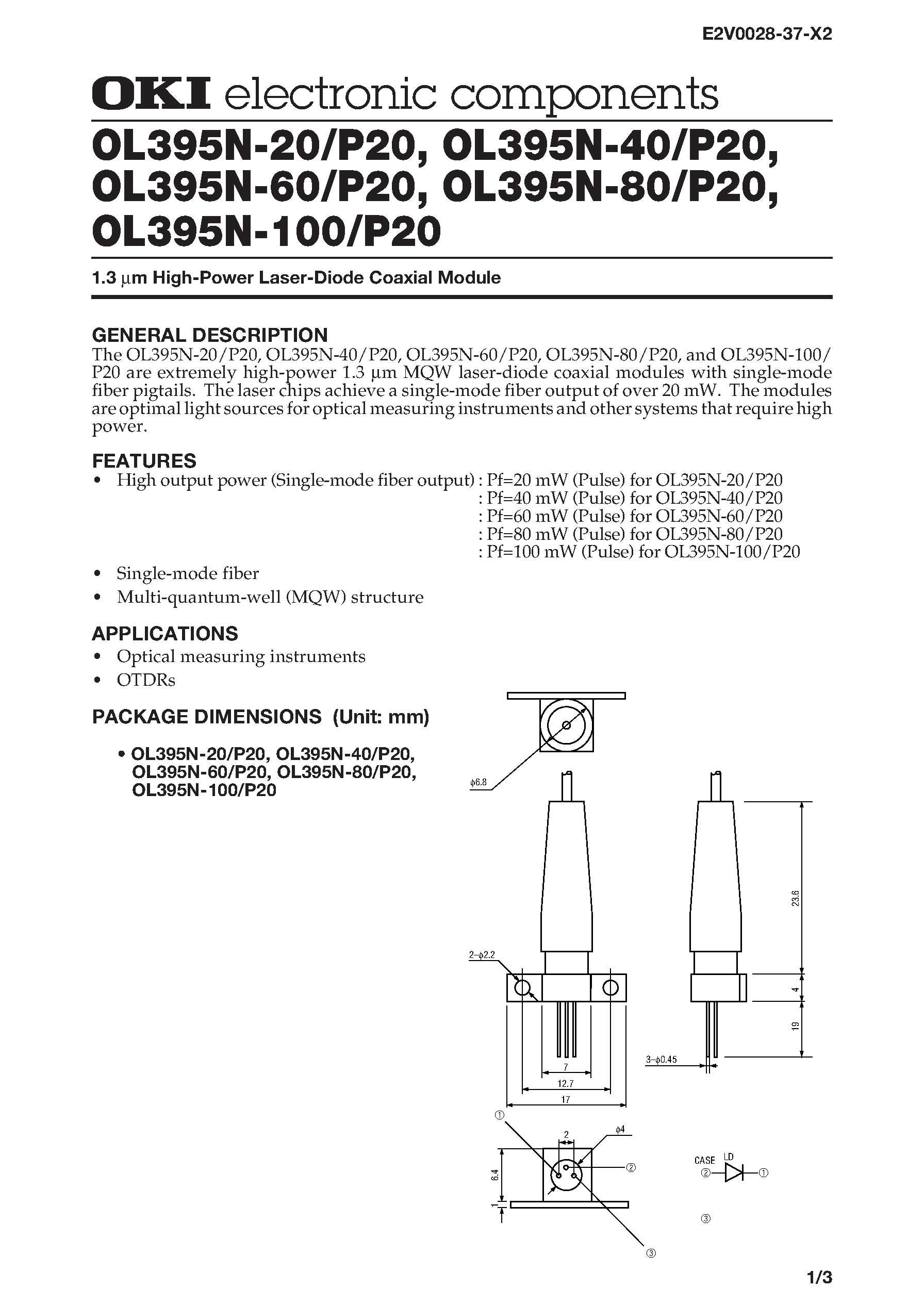 Datasheet OL395N-100 - 1.3 m High-Power Laser-Diode Coaxial Module page 1