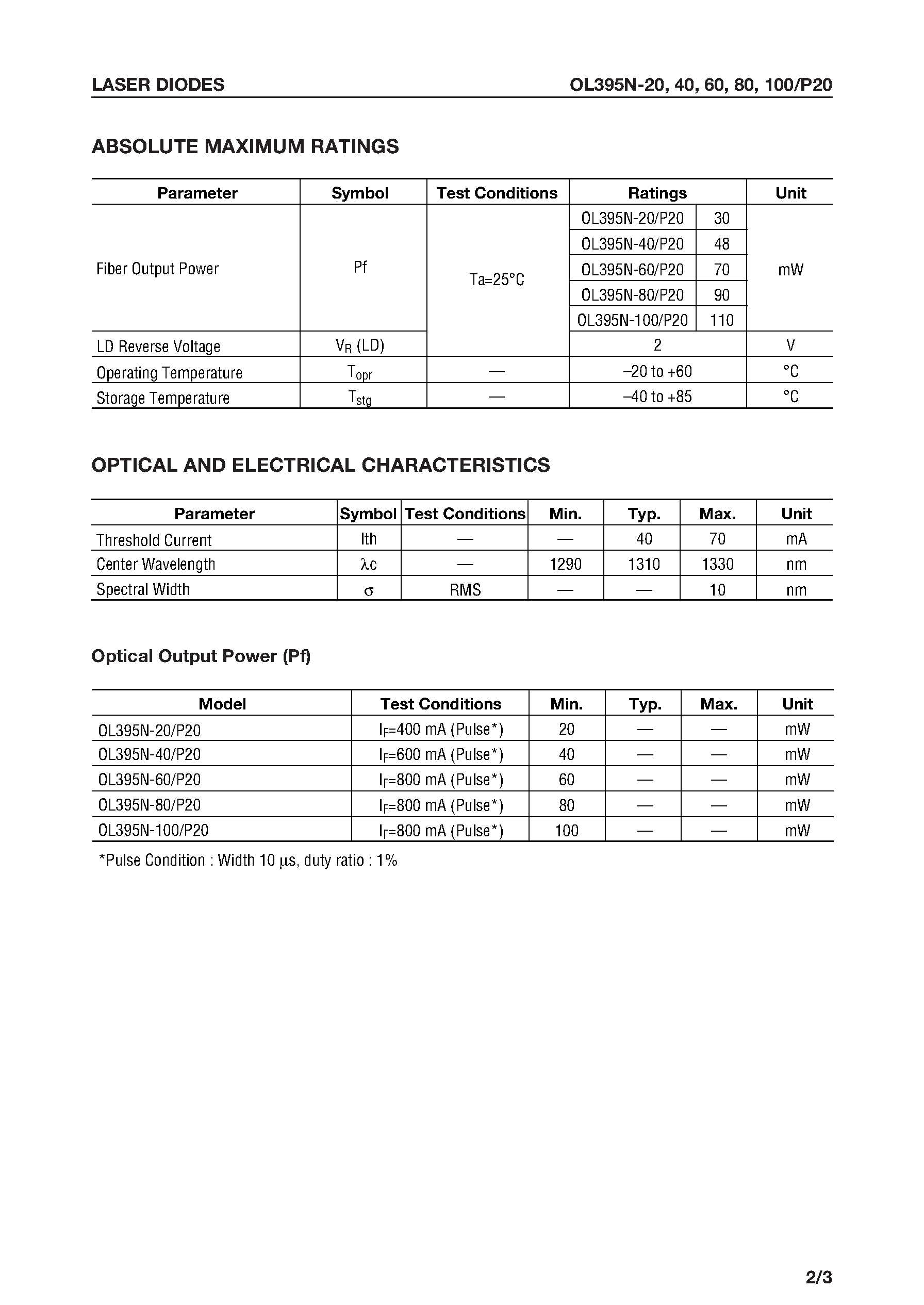 Datasheet OL395N-20 - 1.3 m High-Power Laser-Diode Coaxial Module page 2