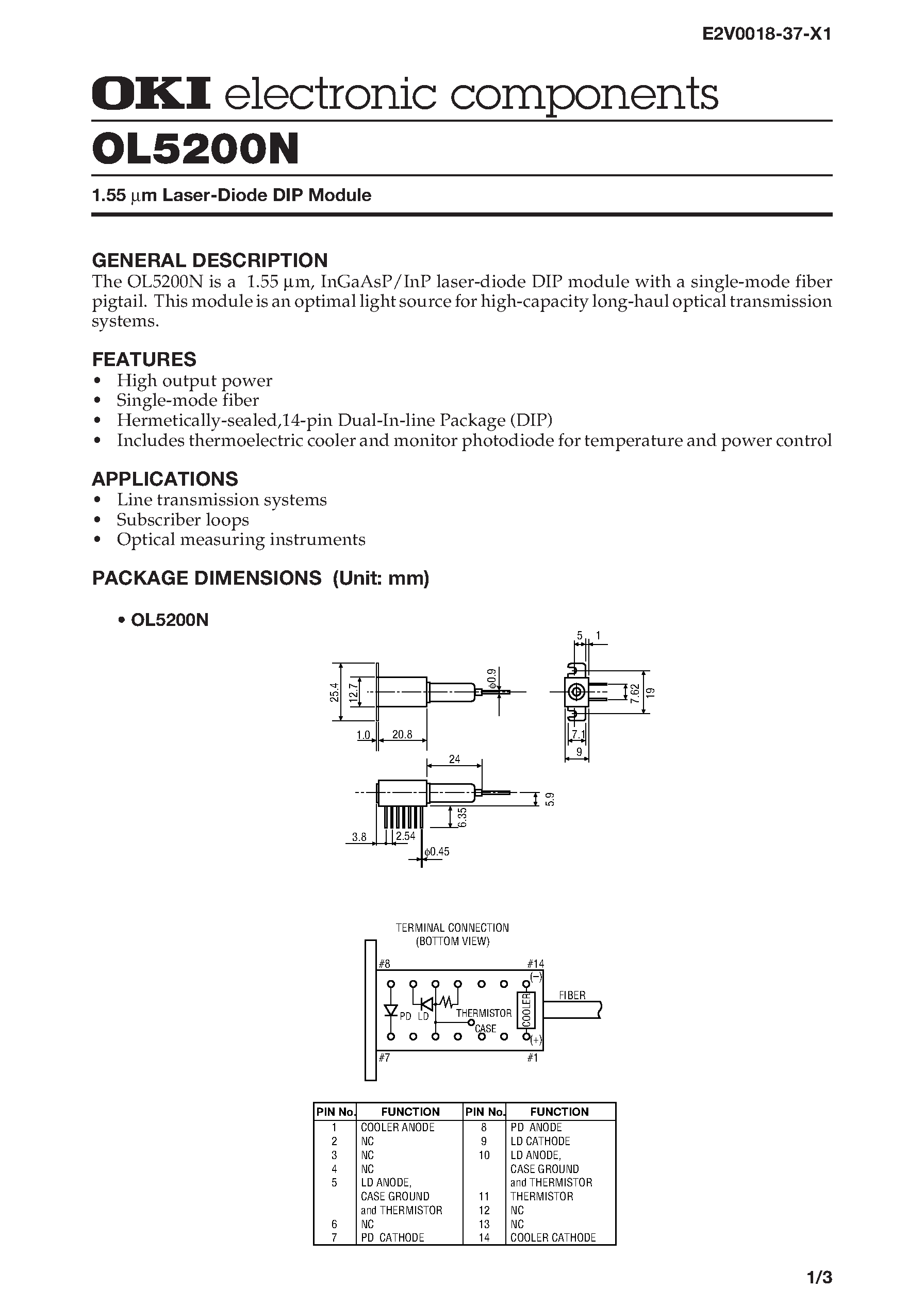 Datasheet OL5200N - 1.55 m Laser-Diode DIP Module page 1