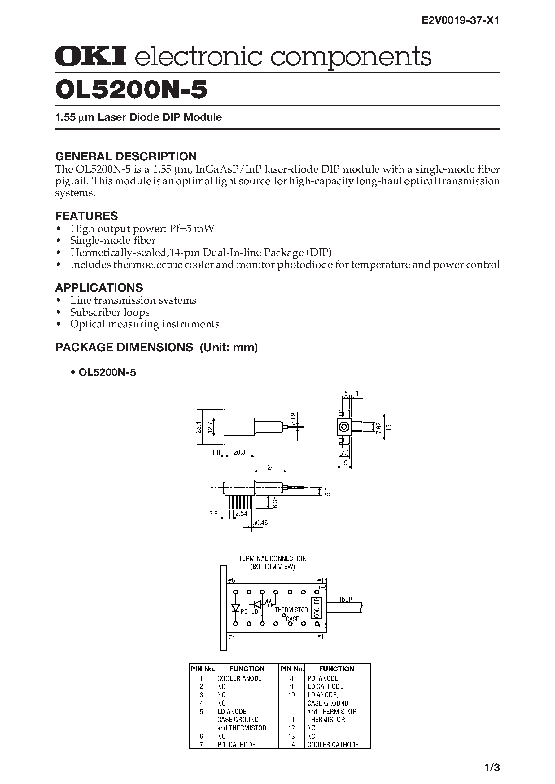 Datasheet OL5200N-5 - 1.55 m Laser Diode DIP Module page 1