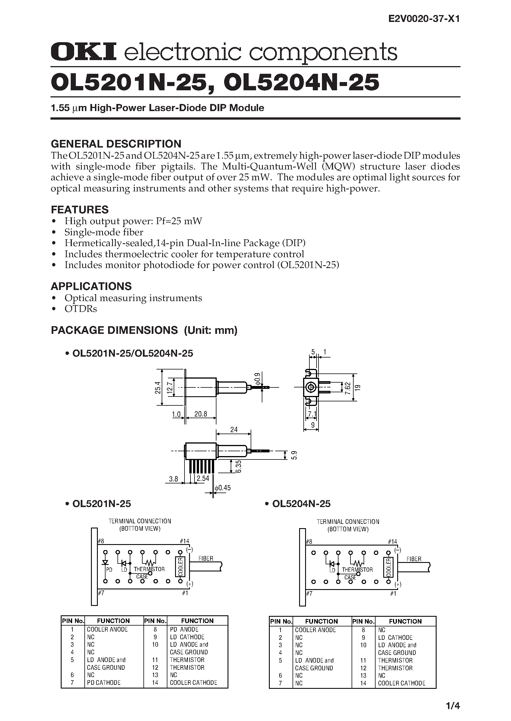 Datasheet OL5204N-25 - 1.55 m High-Power Laser-Diode DIP Module page 1