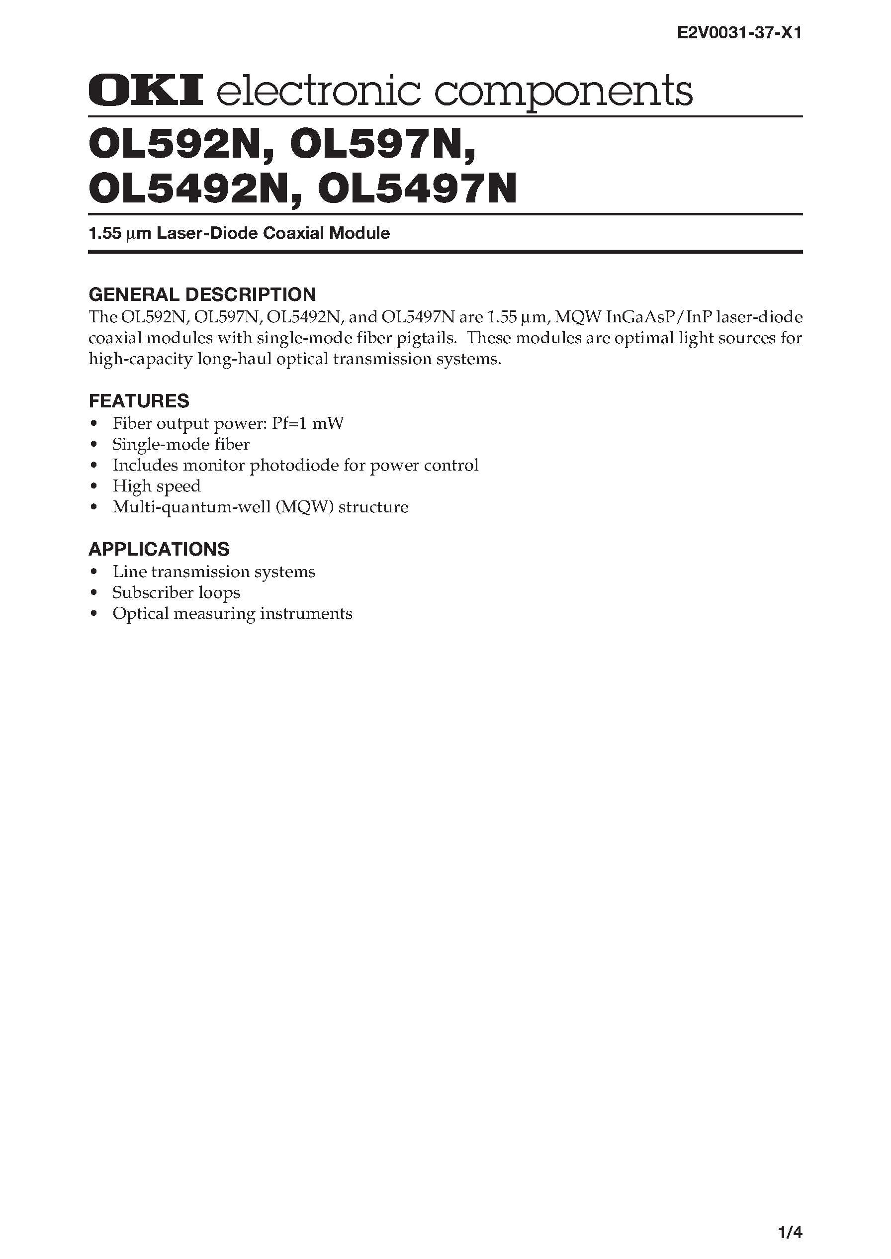 Datasheet OL5492N - 1.55 m Laser-Diode Coaxial Module page 1