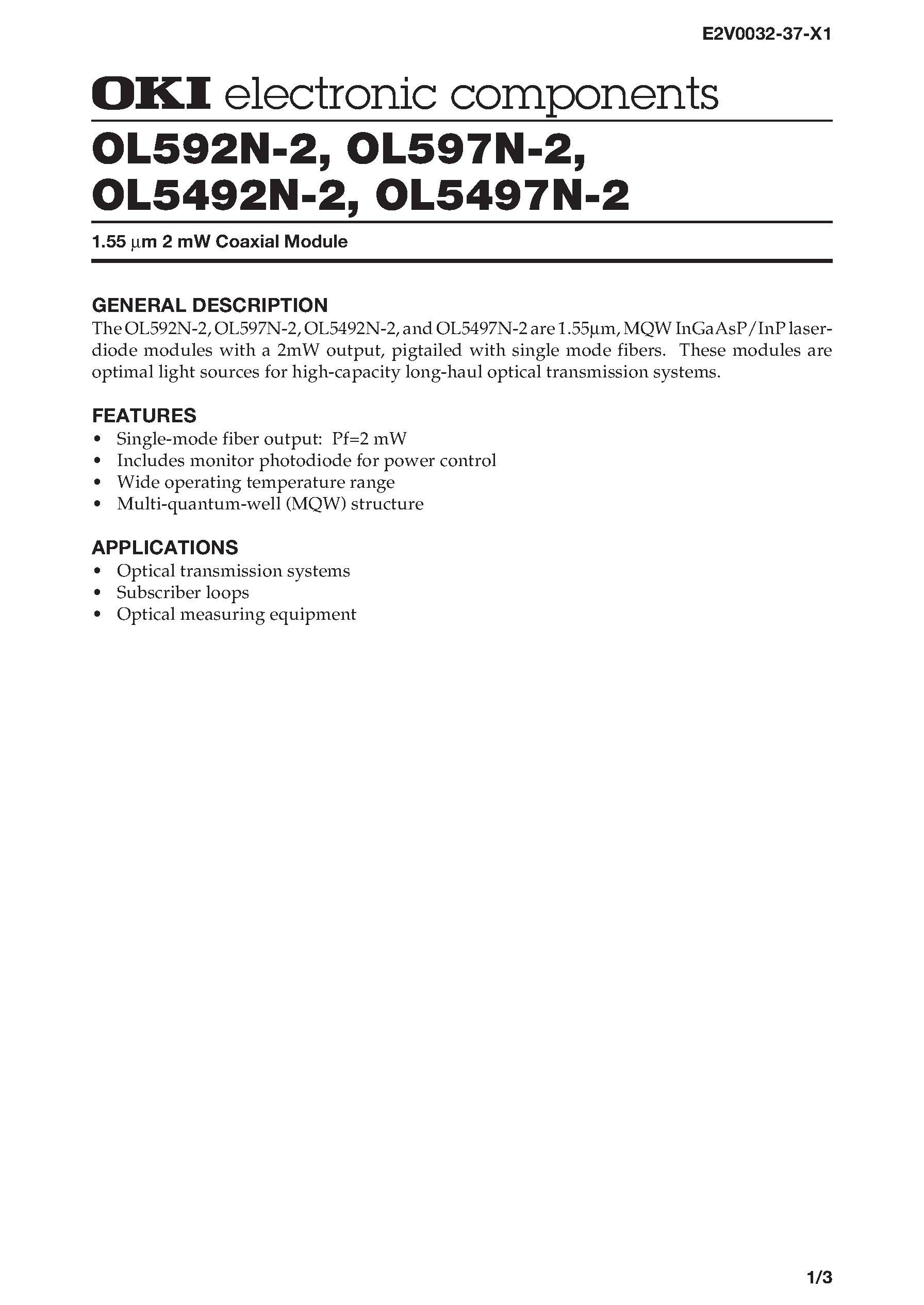 Datasheet OL5492N-2 - 1.55 m 2 mW Coaxial Module page 1