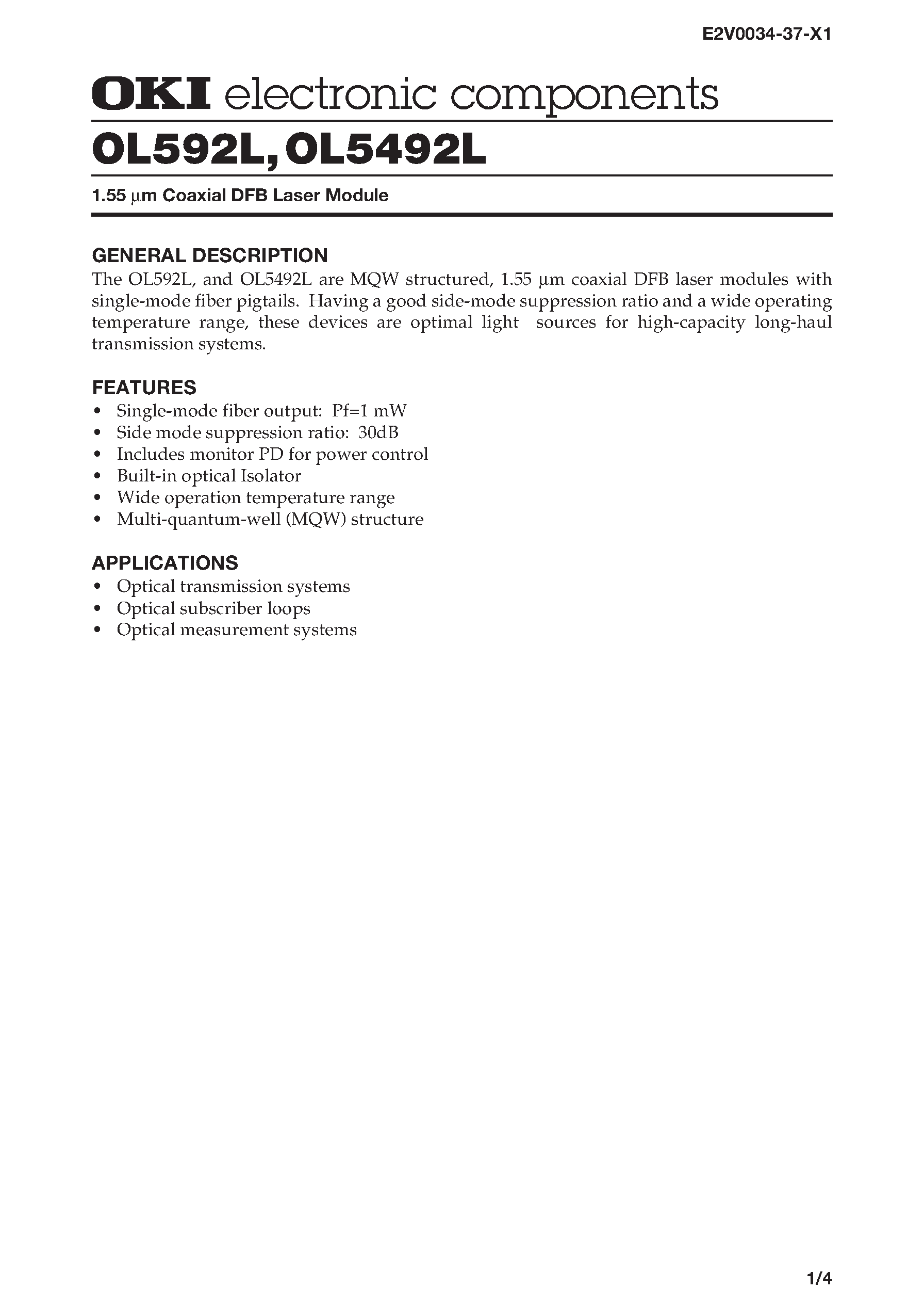 Datasheet OL592L - 1.55 m Coaxial DFB Laser Module page 1