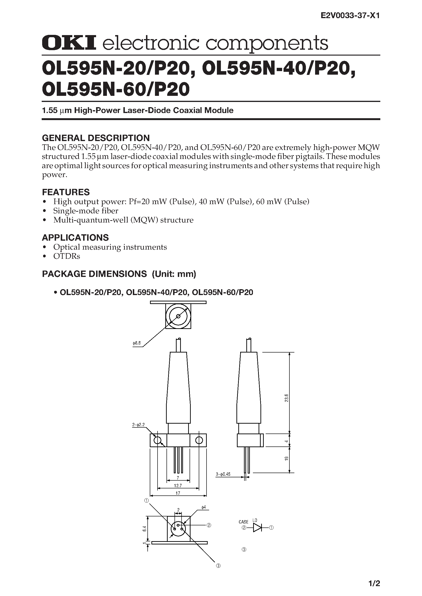 Datasheet OL595N-20 - 1.55 m High-Power Laser-Diode Coaxial Module page 1