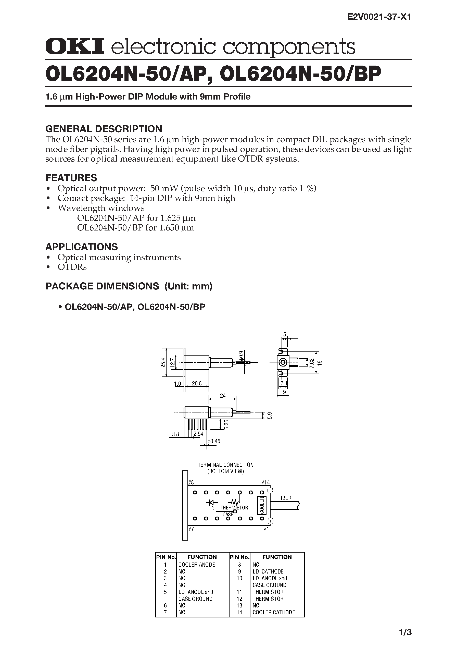 Datasheet OL6204N-50 - 1.6 m High-Power DIP Module with 9mm Profile page 1