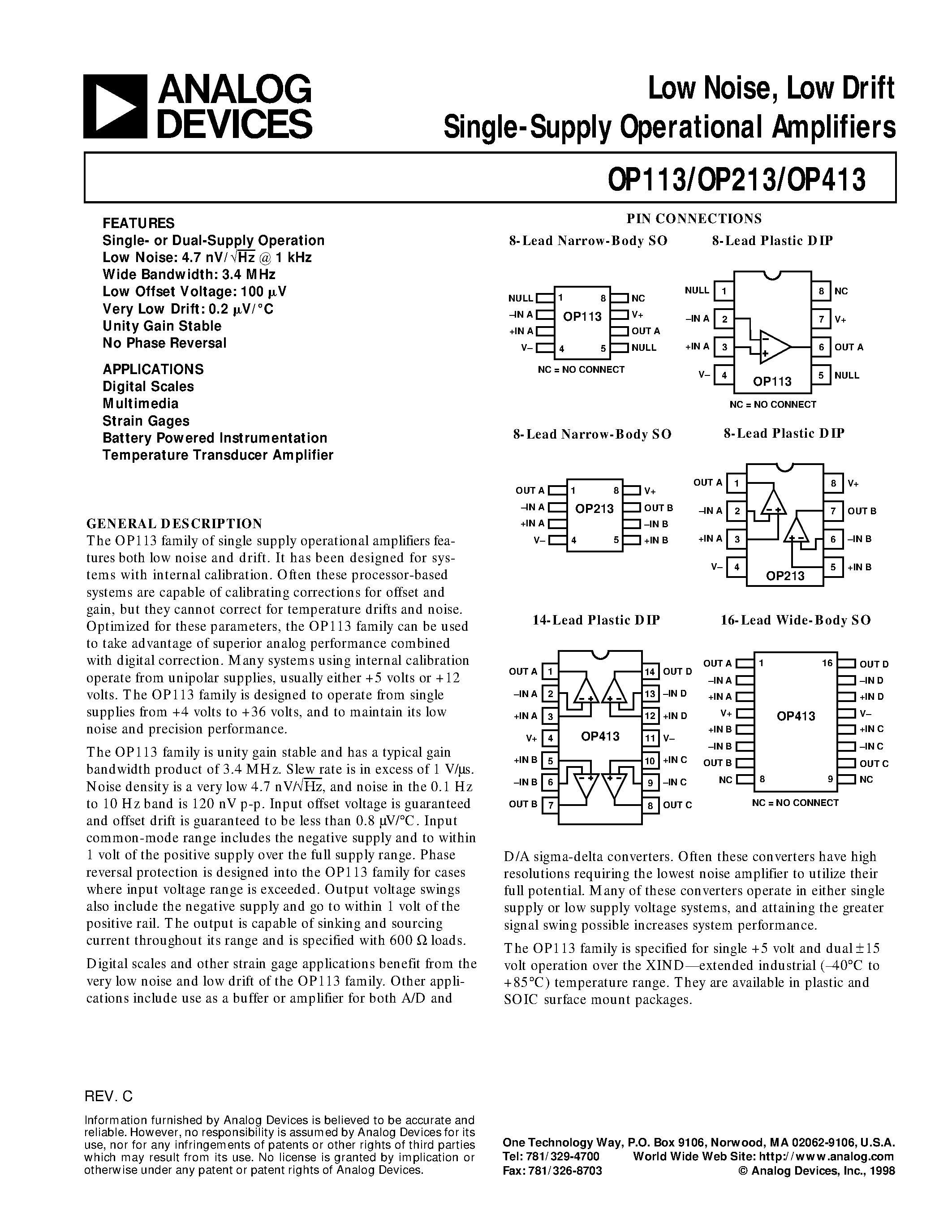 Даташит OP113 - Low Noise / Low Drift Single-Supply Operational Amplifiers страница 1