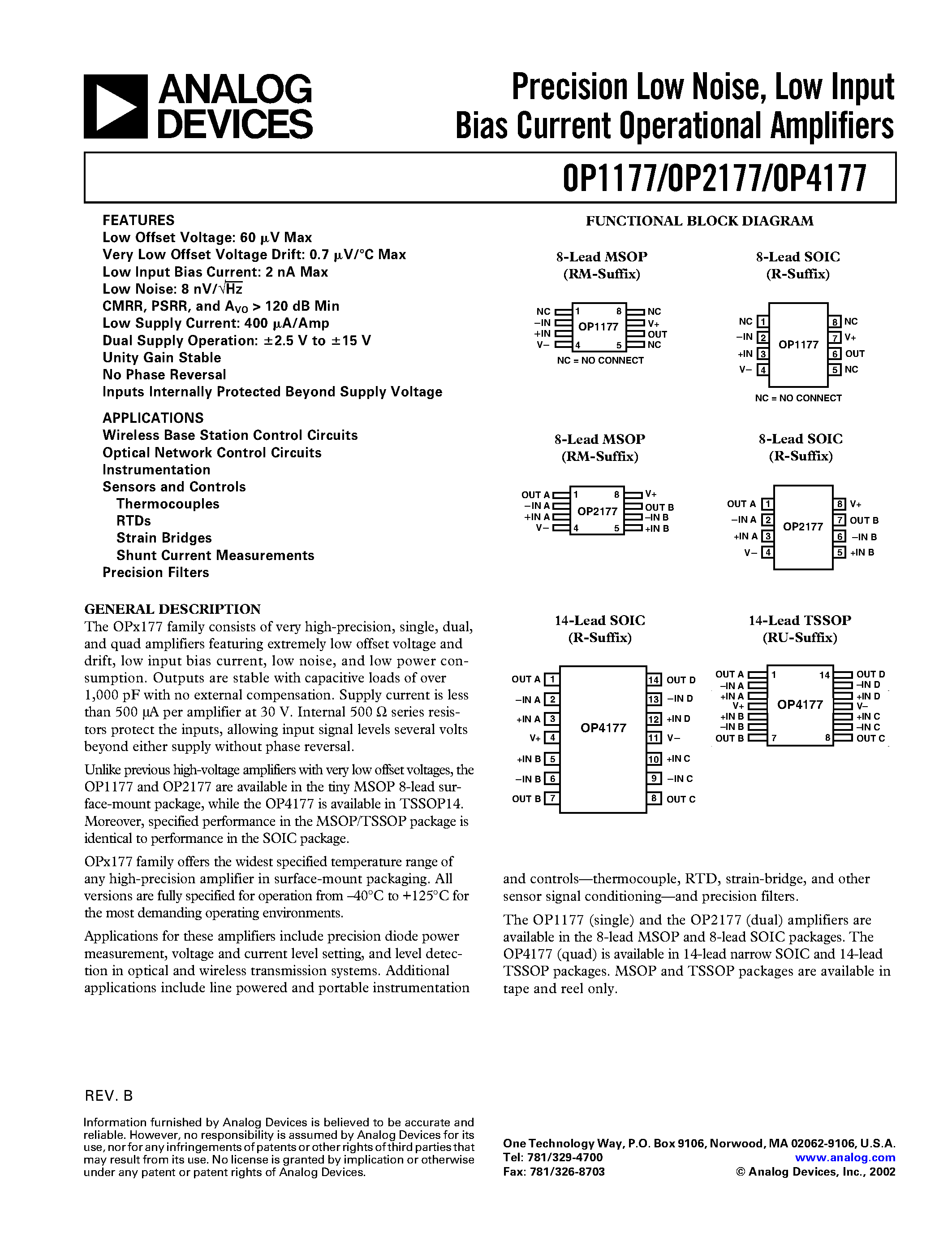 Datasheet OP1177 - Precision Low Noise / Low Input Bias Current Operational Amplifiers page 1