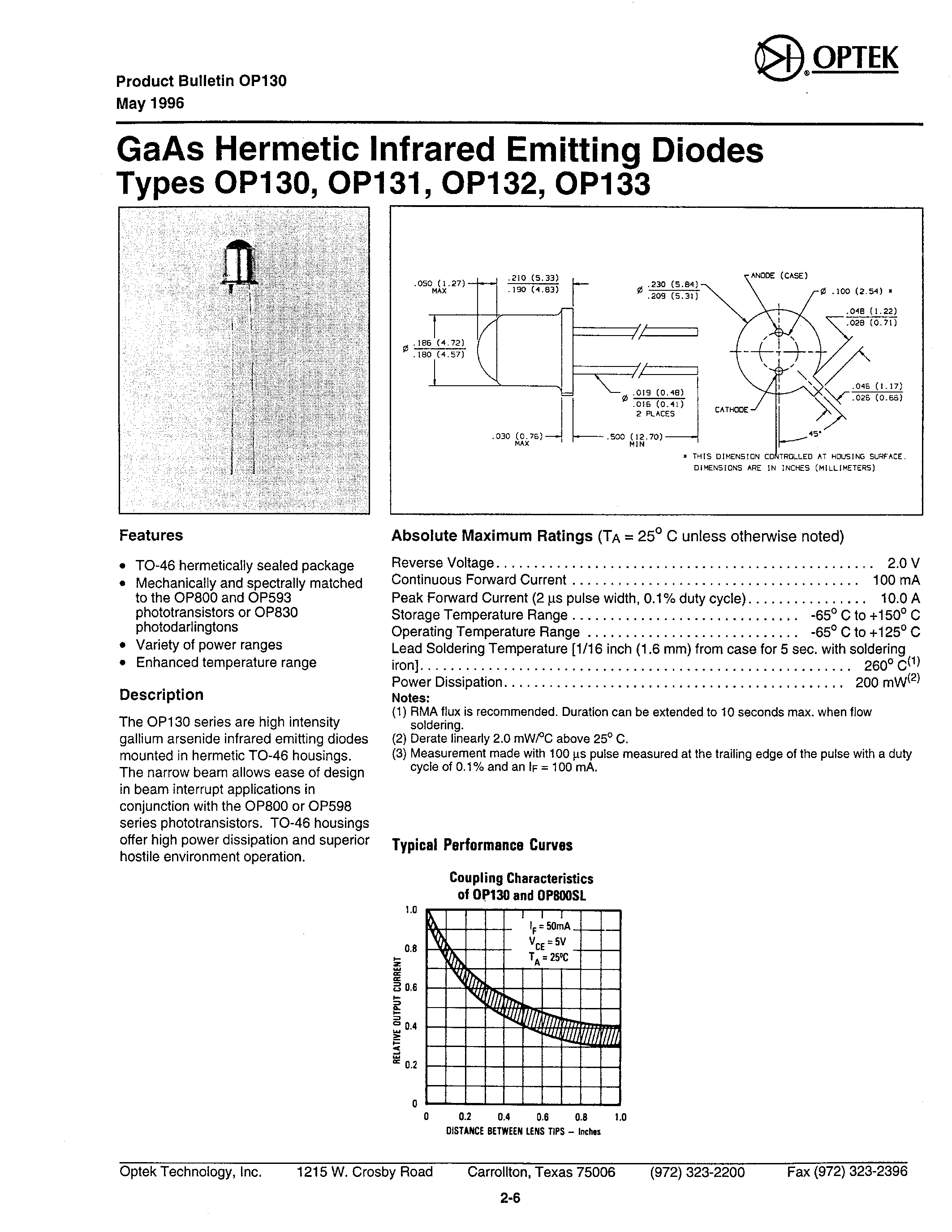 Datasheet OP131 - GaAs Hermetic Infrared Emitting Diodes Types page 1