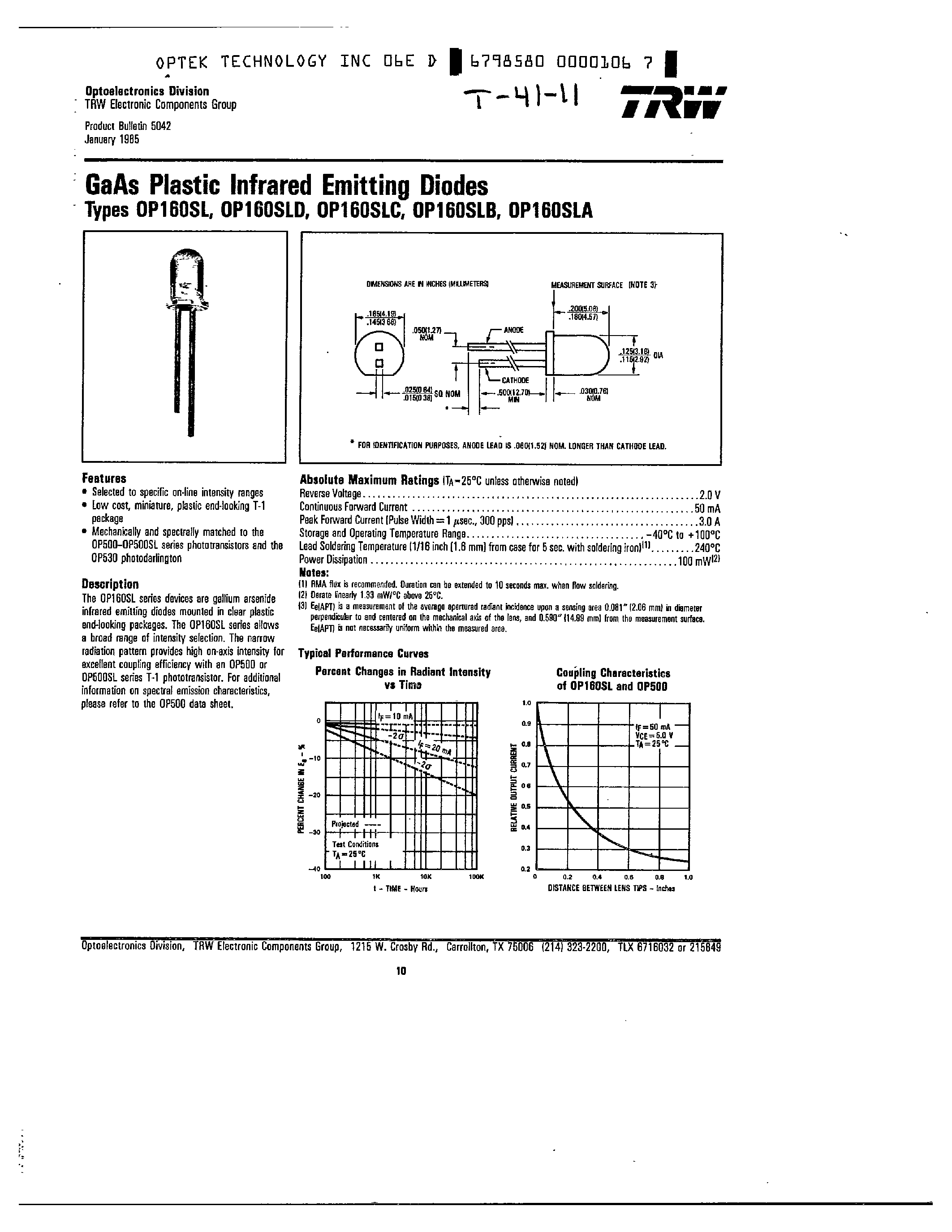 Datasheet OP160SL - GAAS PLASTIC INFRARED EMITTING DIODES page 1