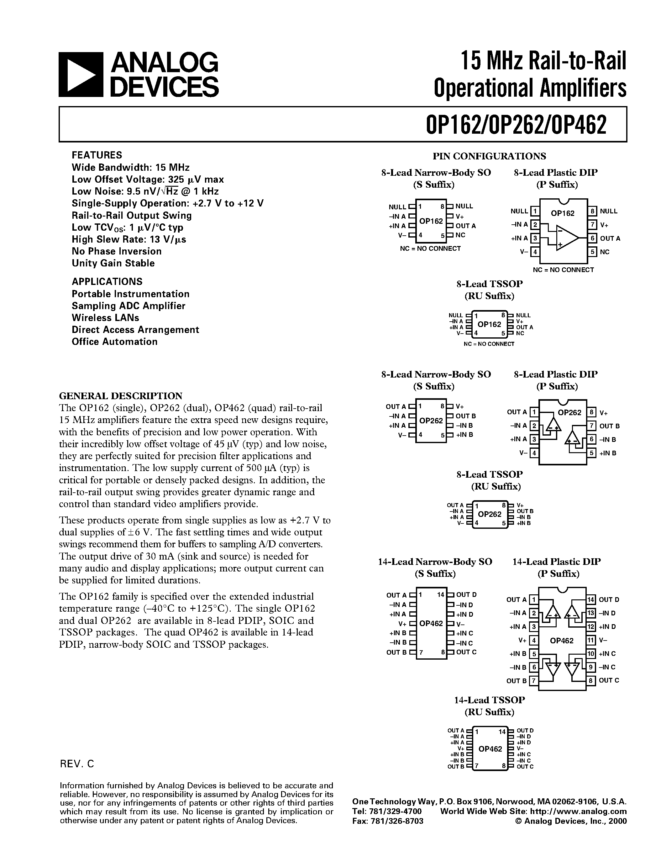 Datasheet OP162 - 15 MHz Rail-to-Rail Operational Amplifiers page 1