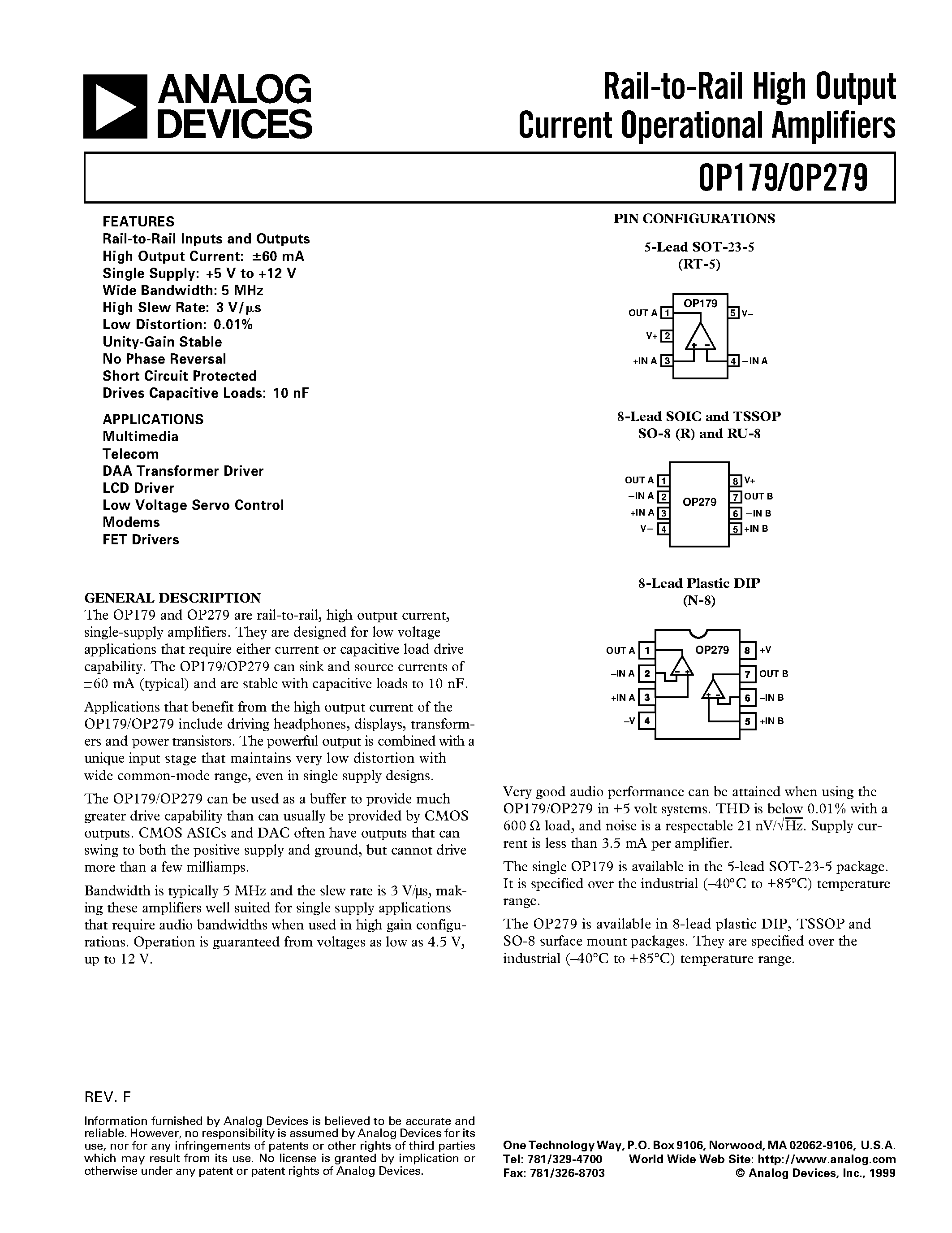 Datasheet OP179 - Rail-to-Rail High Output Current Operational Amplifiers page 1