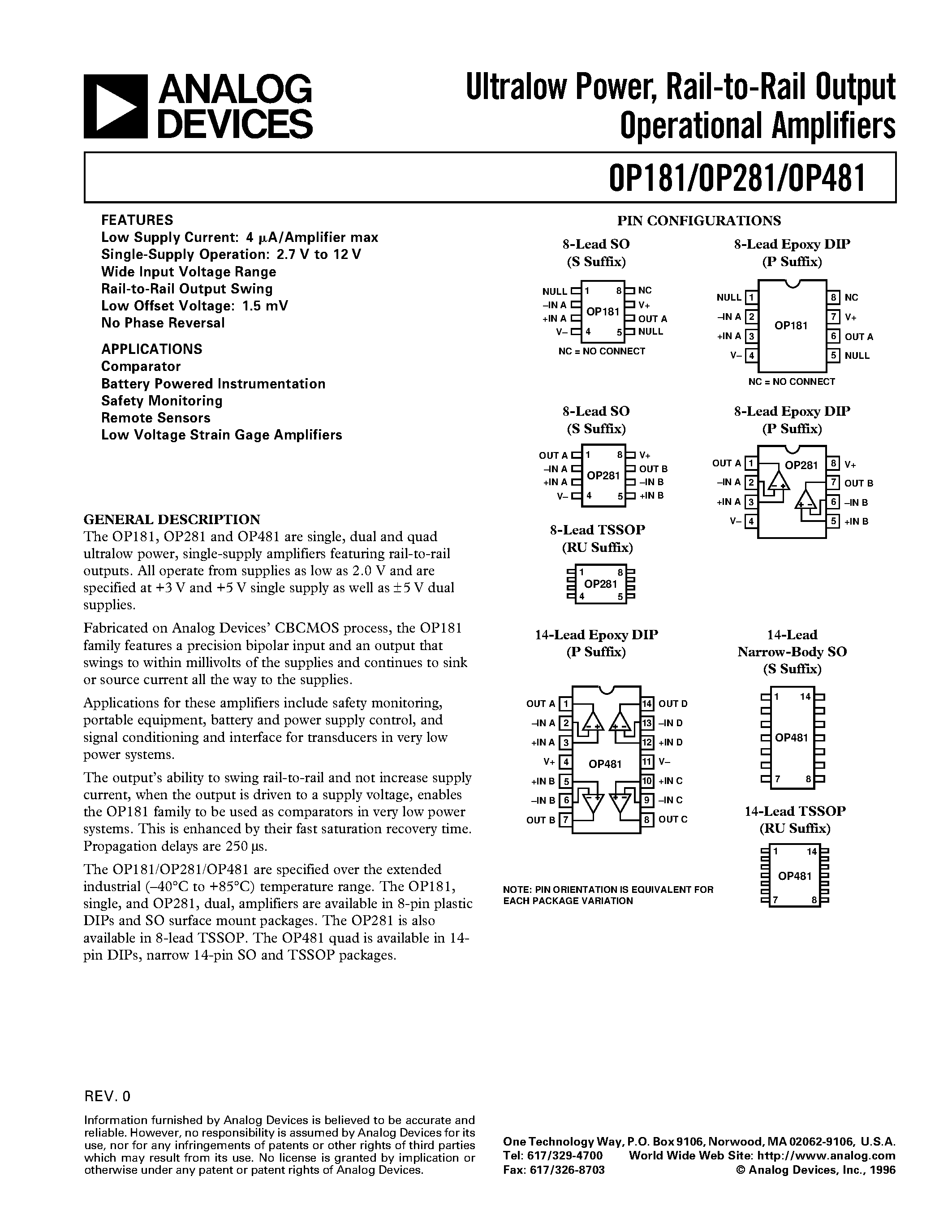 Datasheet OP181 - Ultralow Power / Rail-to-Rail Output Operational Amplifiers page 1