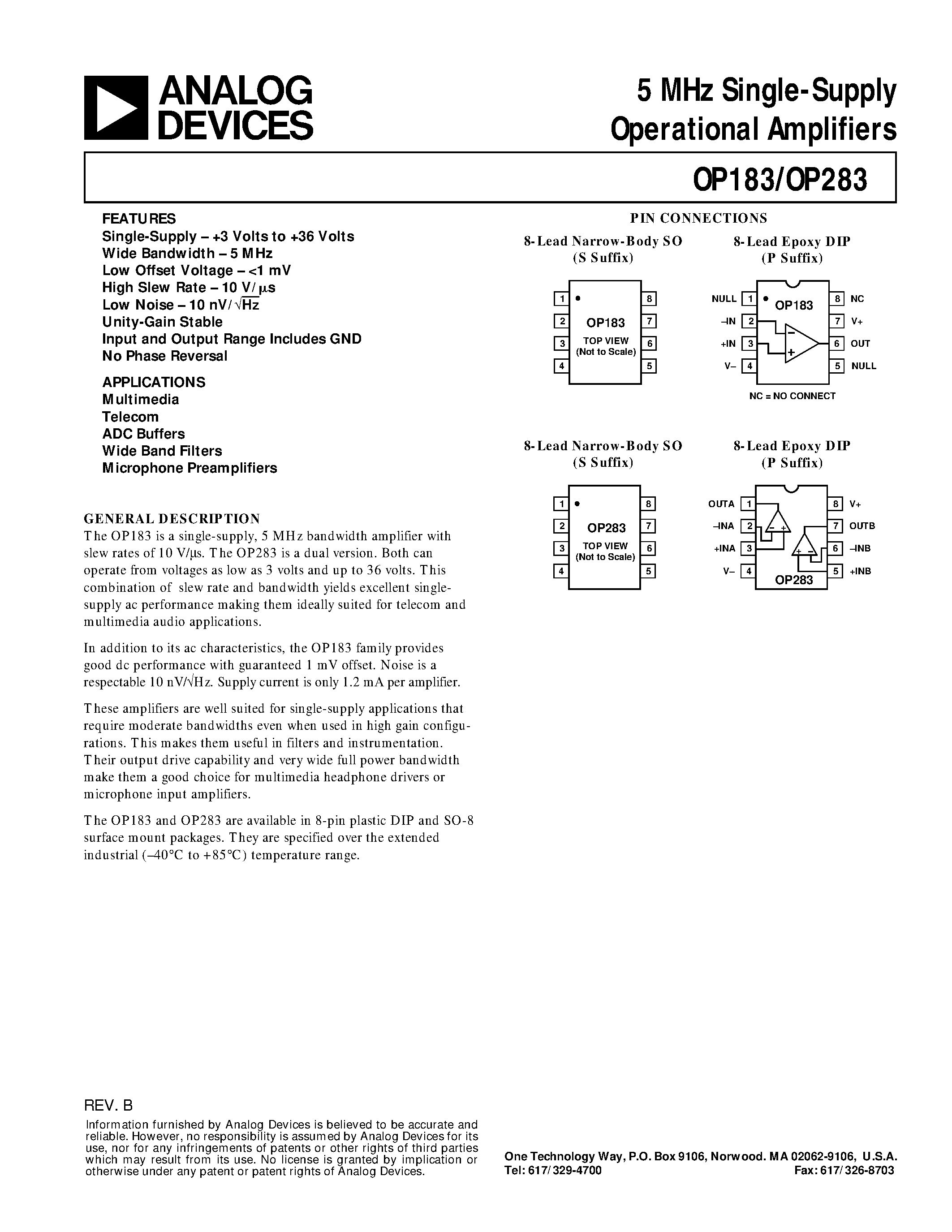 Datasheet OP183 - 5 MHz Single-Supply Operational Amplifiers page 1
