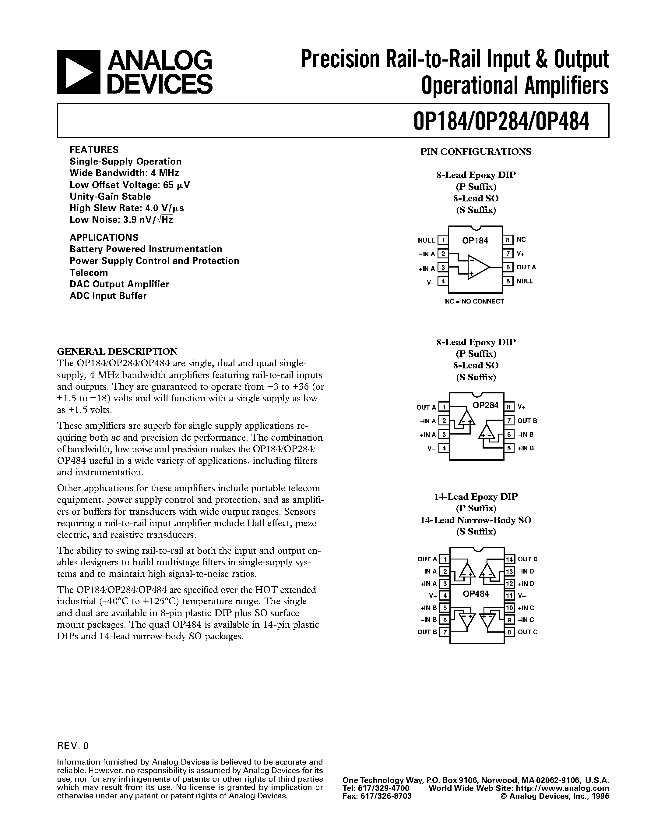 Datasheet OP184 - Precision Rail-to-Rail Input & Output Operational Amplifiers page 1