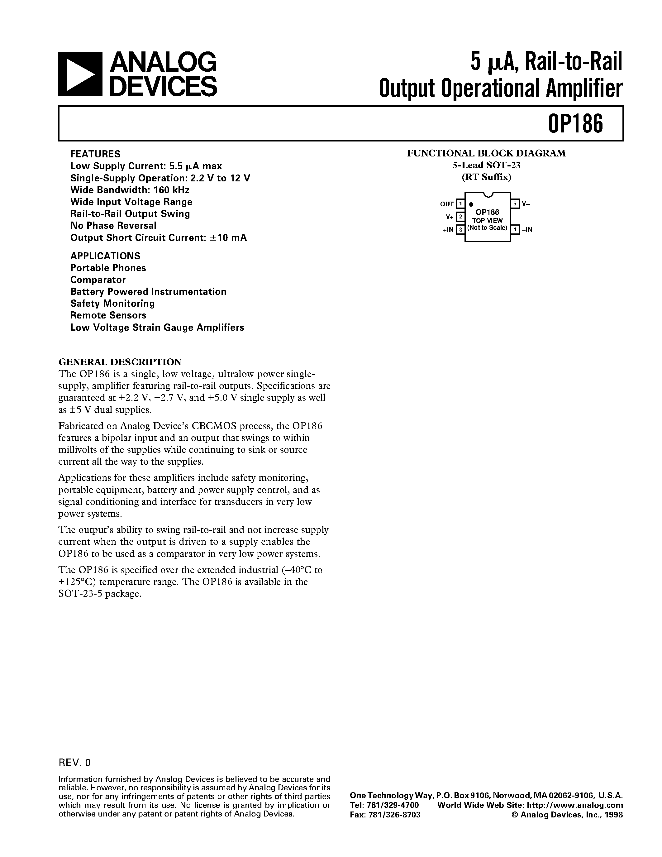 Datasheet OP186 - 5 uA / Rail-to-Rail Output Operational Amplifier page 1