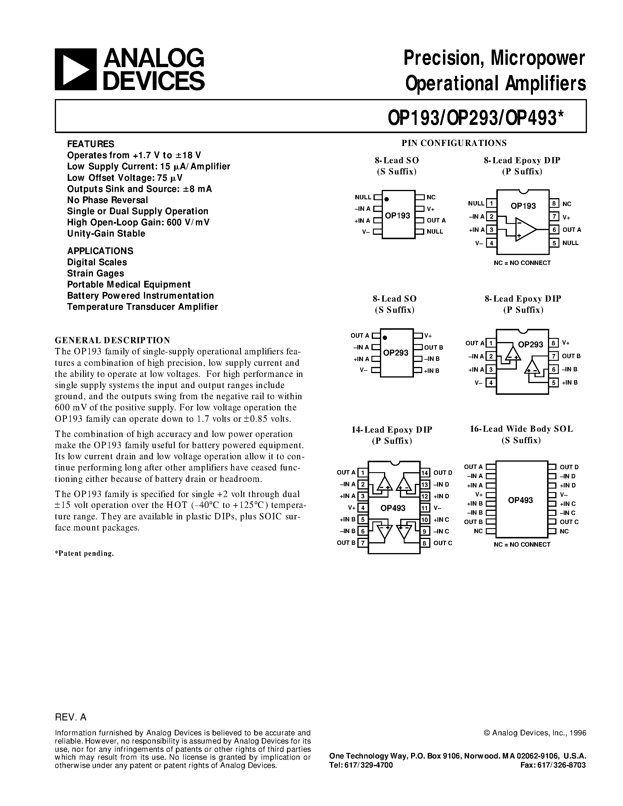 Datasheet OP193 - Precision / Micropower Operational Amplifiers page 1