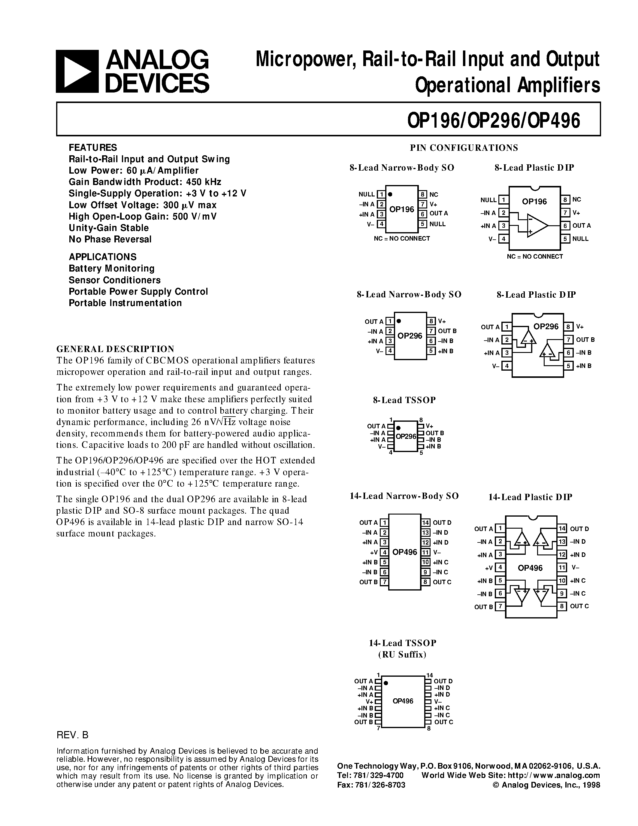 Datasheet OP196 - Micropower / Rail-to-Rail Input and Output Operational Amplifiers page 1