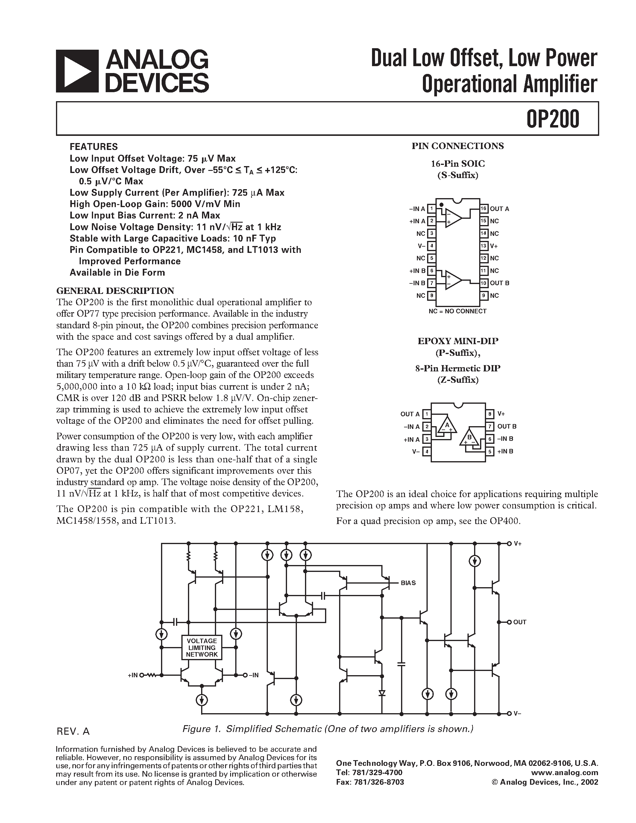 Datasheet OP200 - Dual Low Offset / Low Power Operational Amplifier page 1