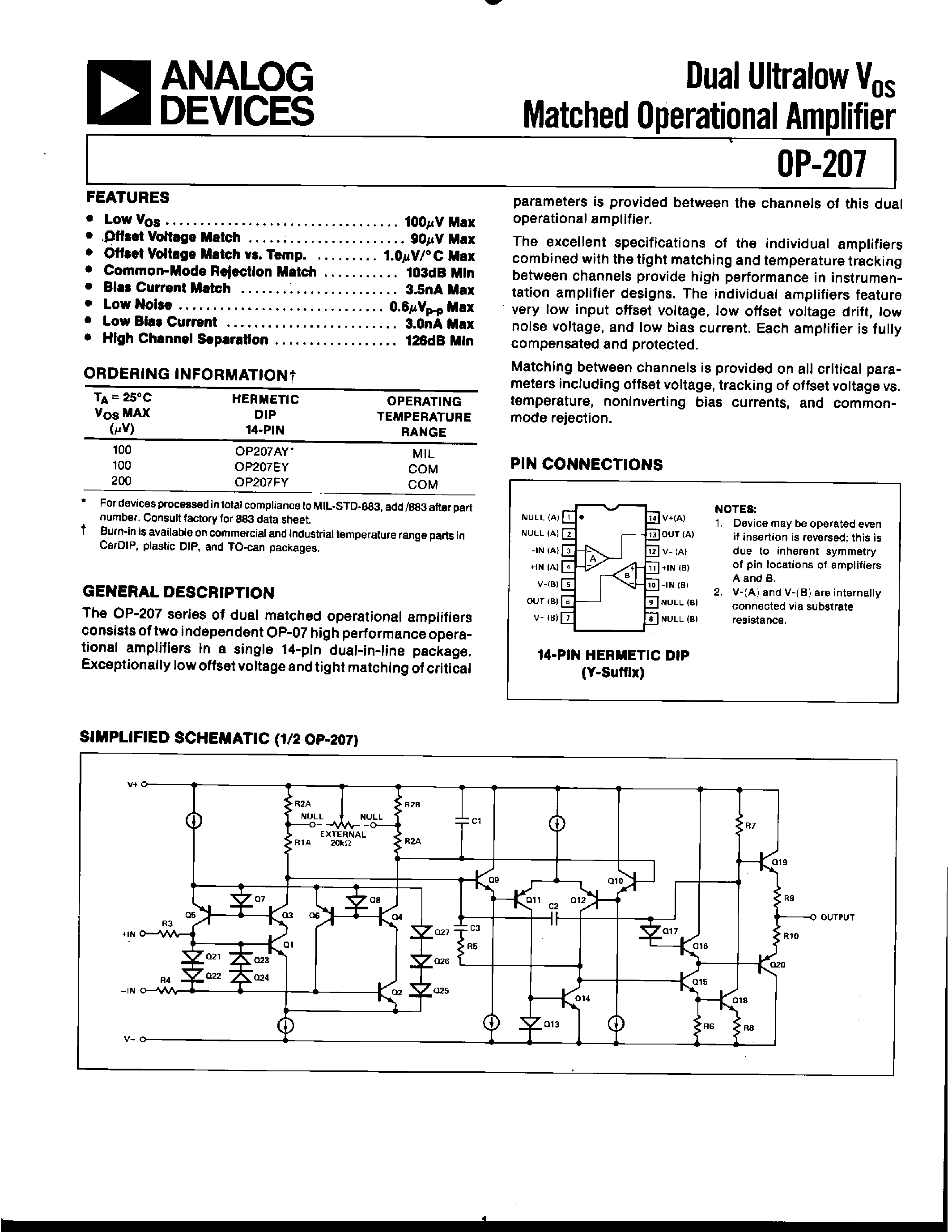 Datasheet OP207 - DUAL ULTRALOW VOS MATCHED OPERATIONAL AMPLIFIER page 1