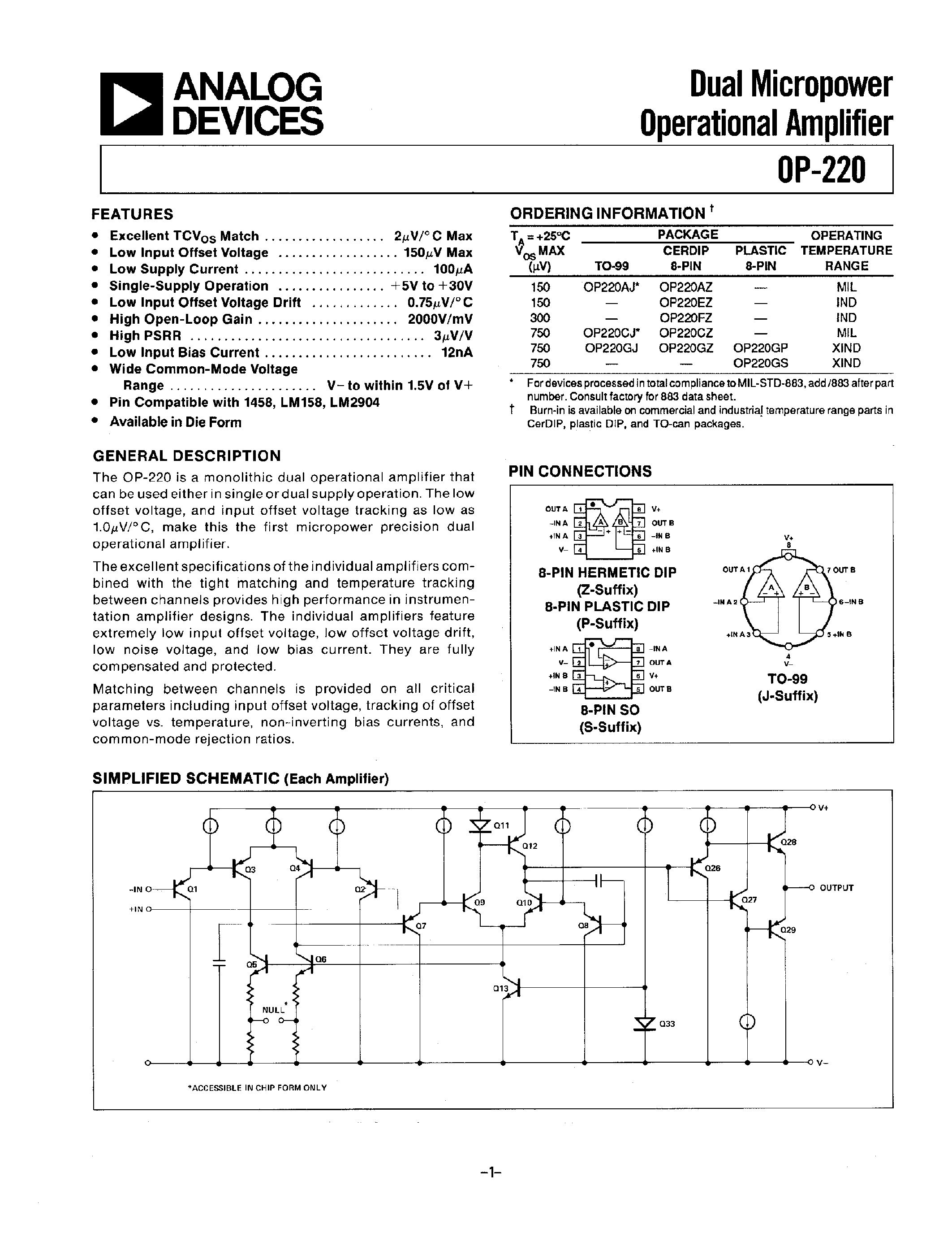 Datasheet OP220 - Dual Micropower Operational Amplifier page 1