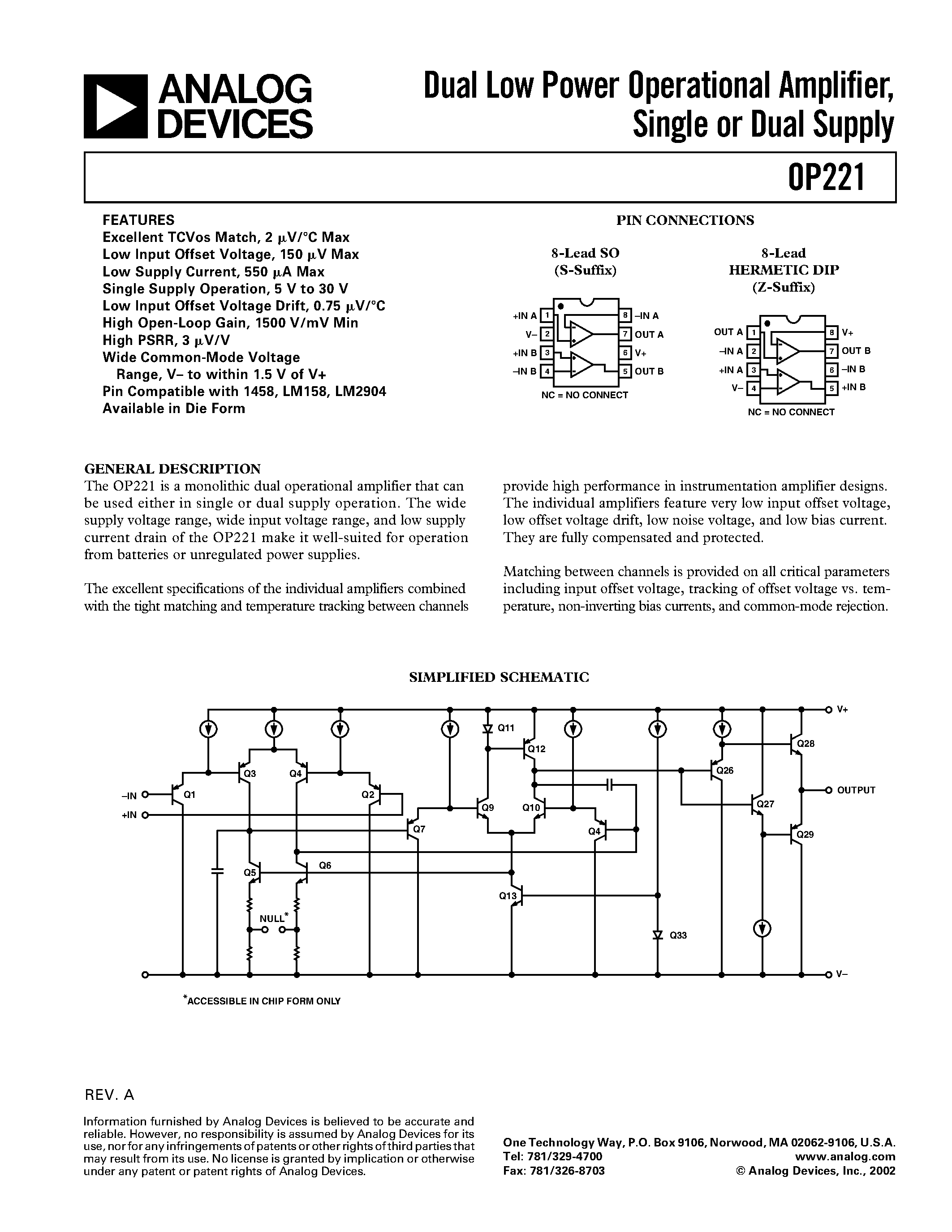 Datasheet OP221 - Dual Low Power Operational Amplifier / Single or Dual Supply page 1