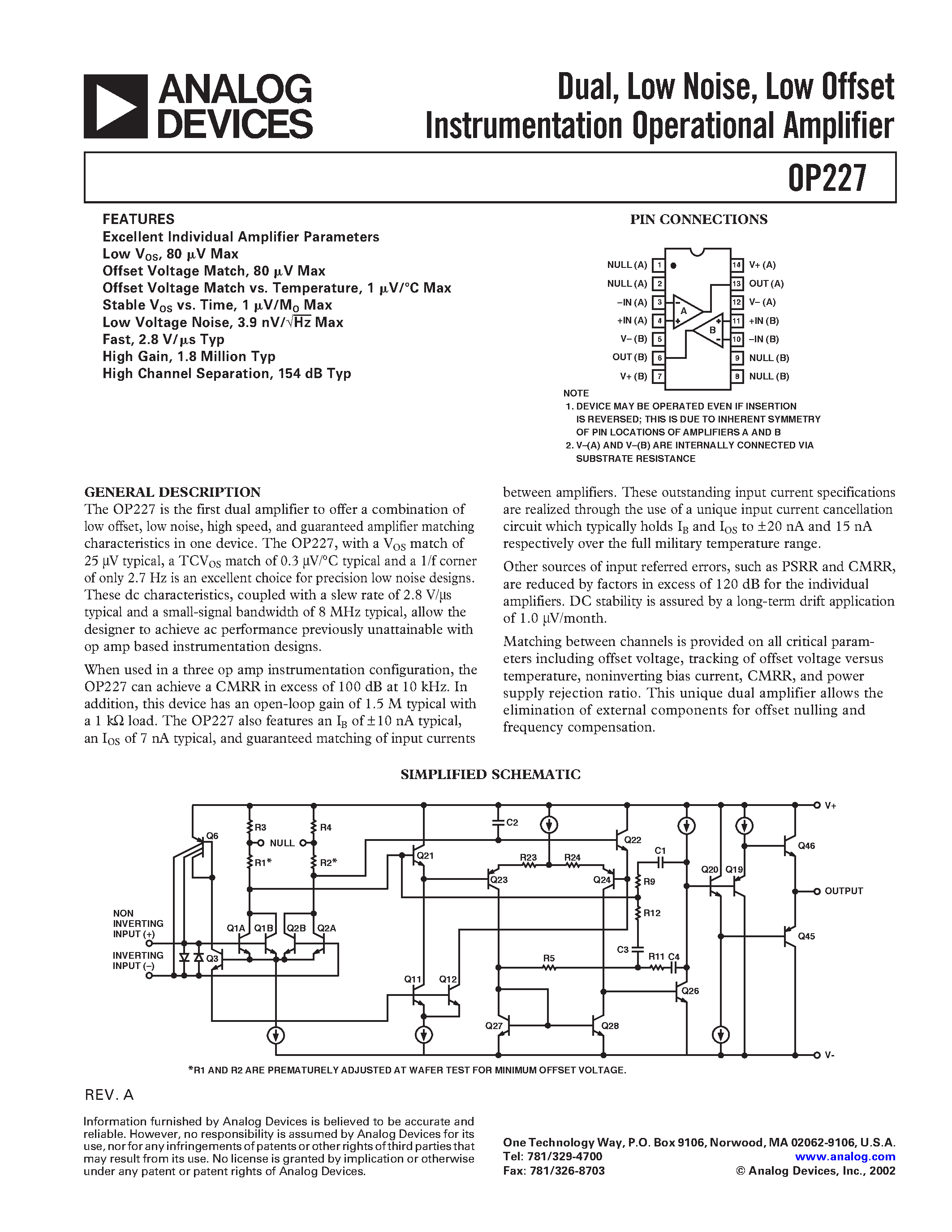 Datasheet OP227 - Dual / Low Noise / Low Offset Instrumentation Operational Amplifier page 1