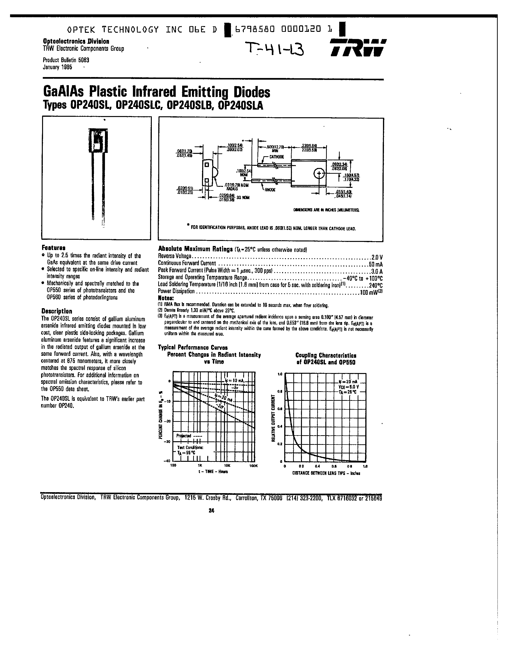 Datasheet OP240SL - GaAIAs Plastic Infrared Emitting Diodes page 1