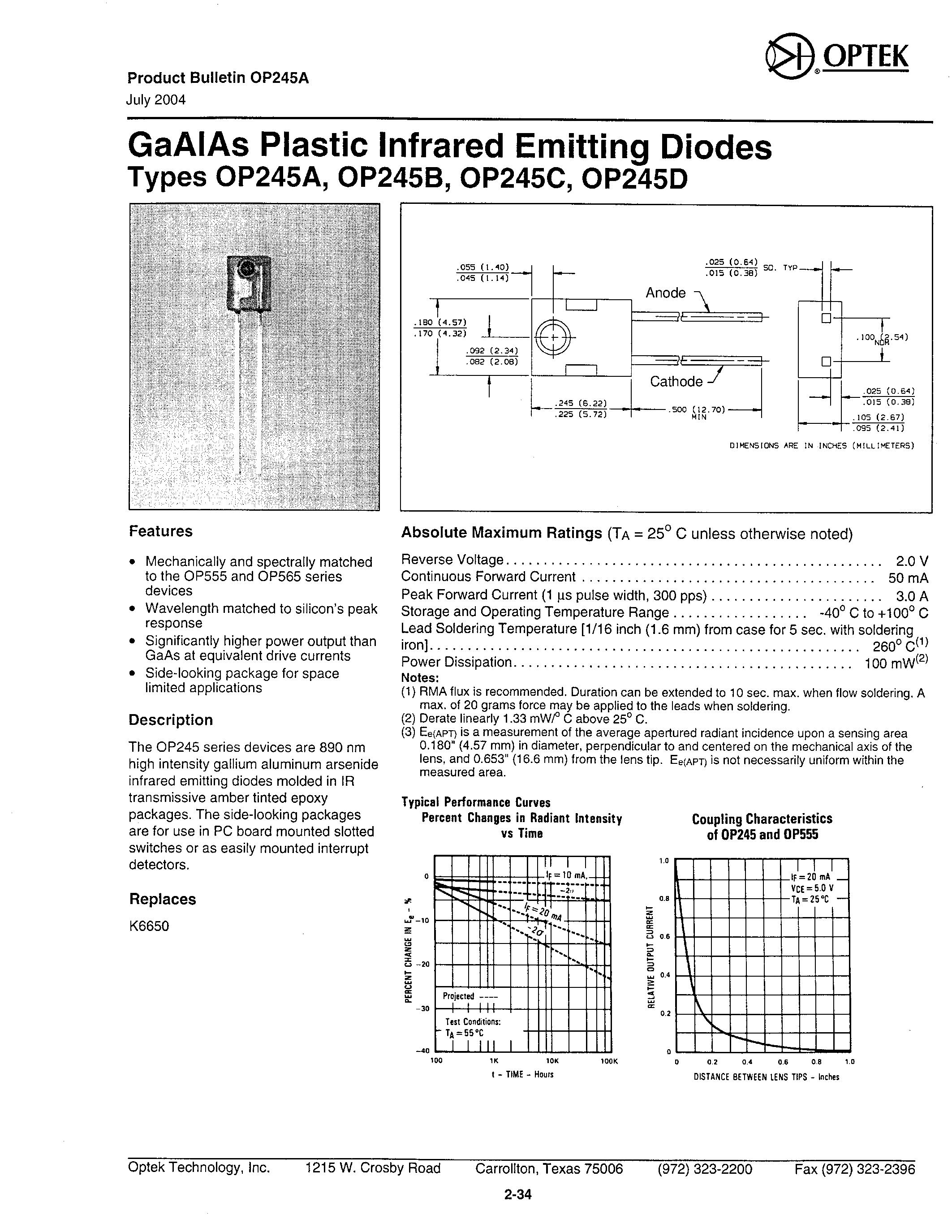 Datasheet OP245A - GAAIAS PLASTIC INFRARED EMITTING DIODES page 1