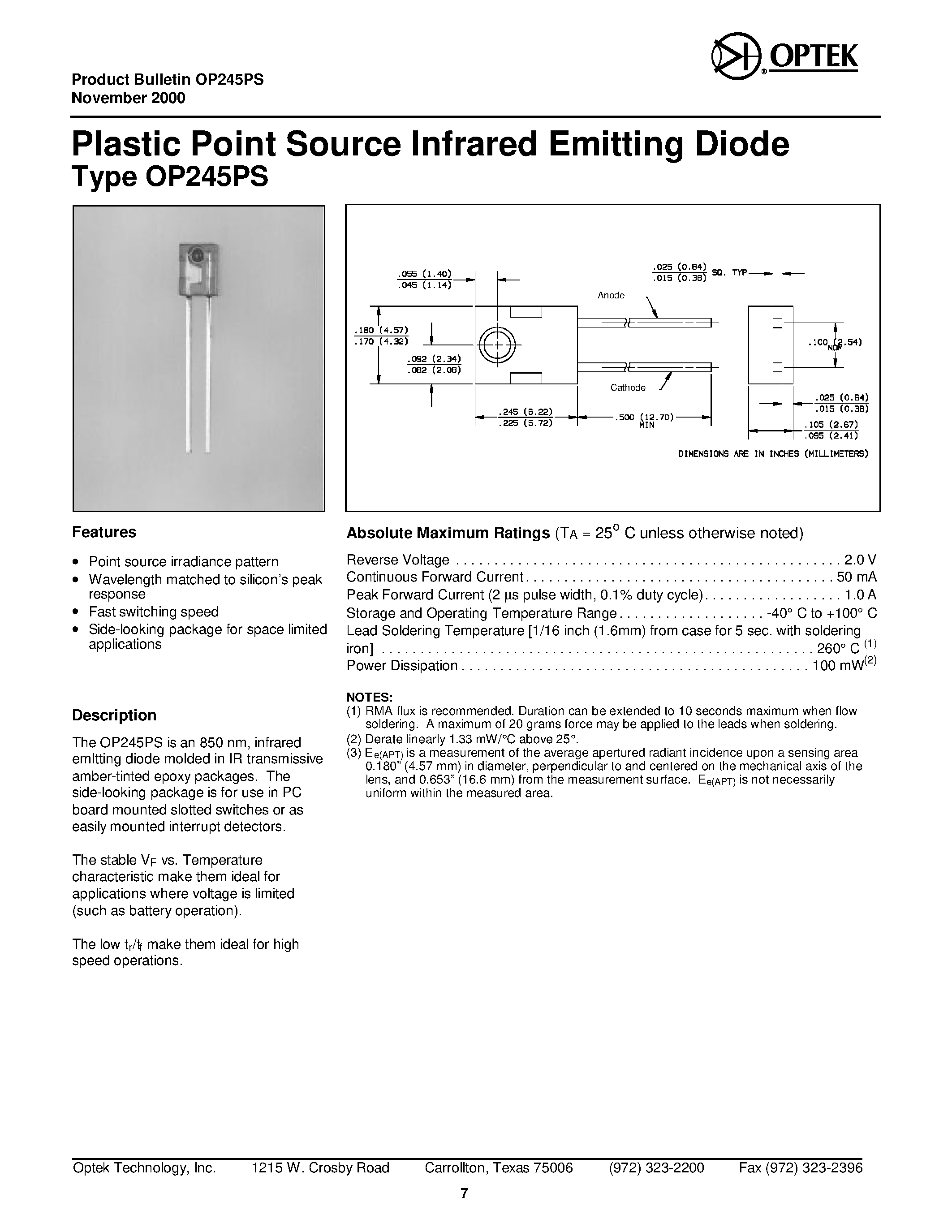 Datasheet OP245PS - Plastic Point Source In fra red Emitting Diode page 1