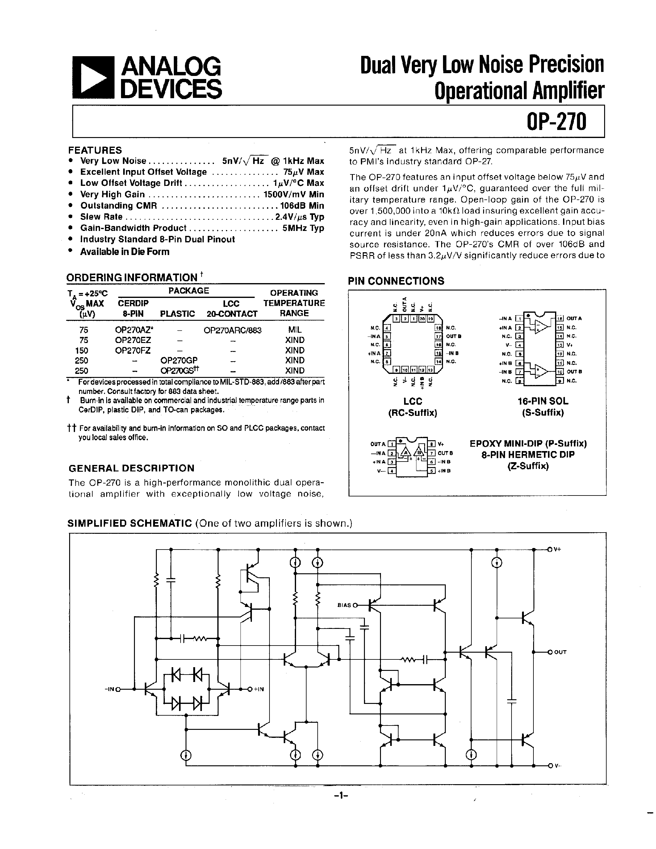 Даташит OP270 - DUAL VERY LOW NOISE PRECISION OPERATIONAL AMPLIFIER страница 1