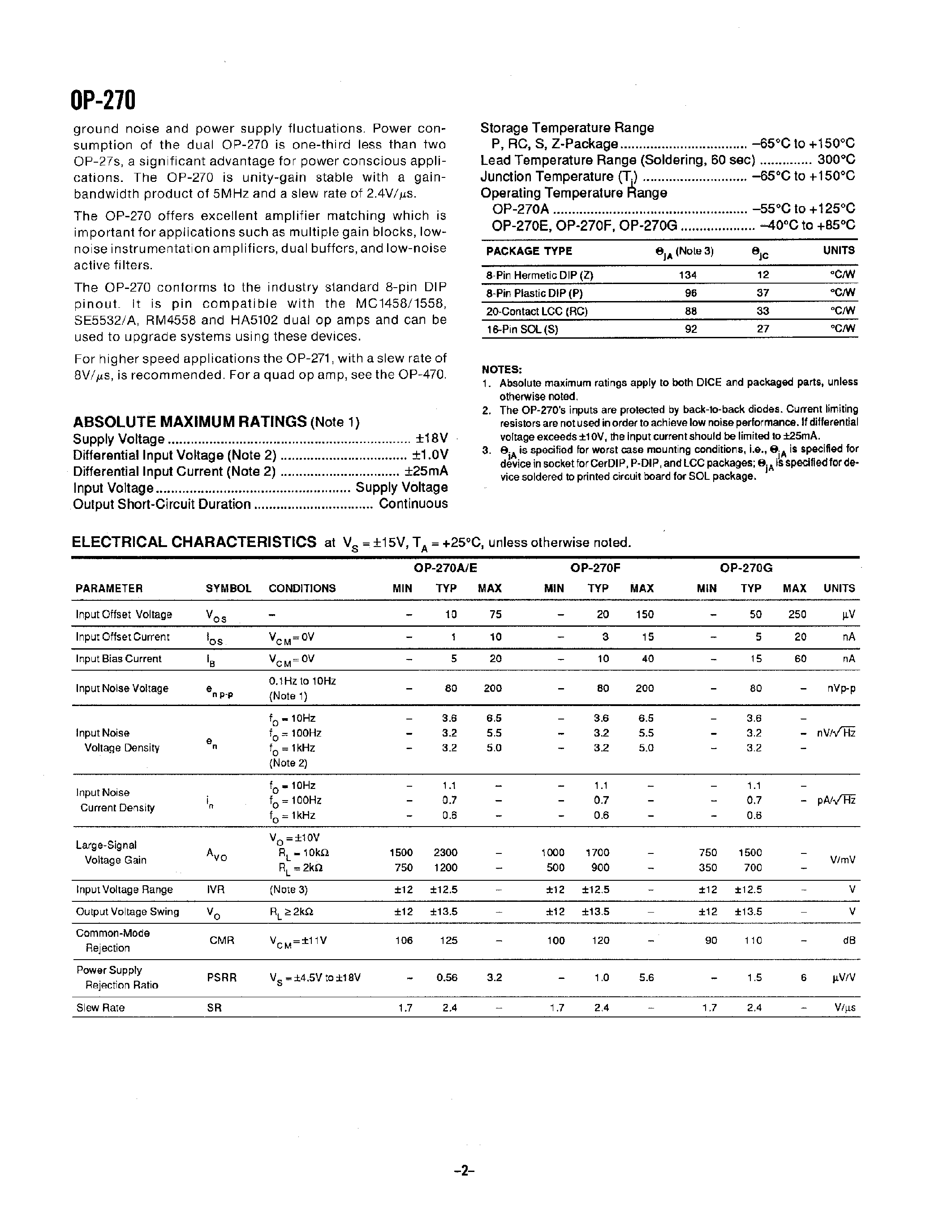 Datasheet OP270 - DUAL VERY LOW NOISE PRECISION OPERATIONAL AMPLIFIER page 2