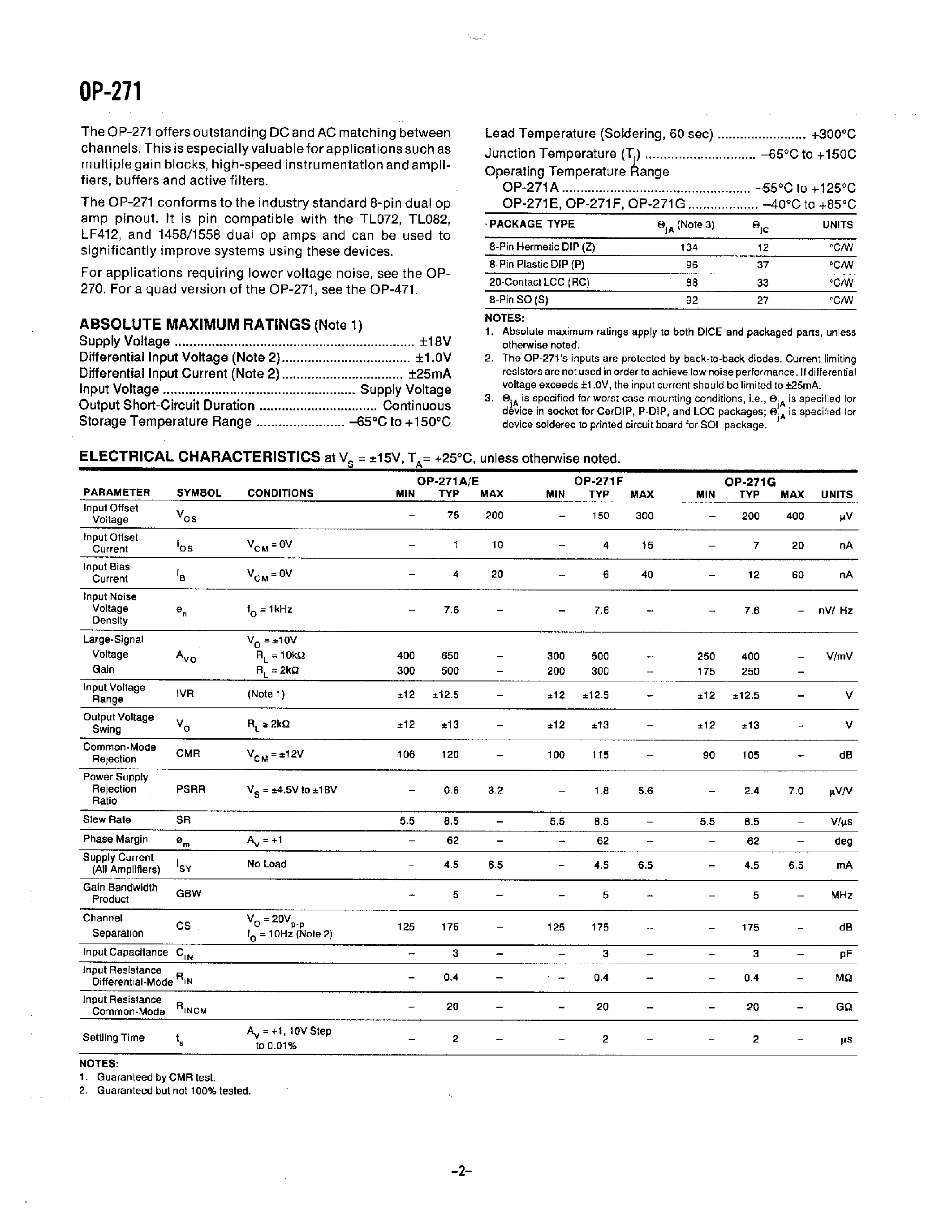 Datasheet OP271 - HIGH SPEED DUAL OPERATIONAL AMPLIFIER page 2