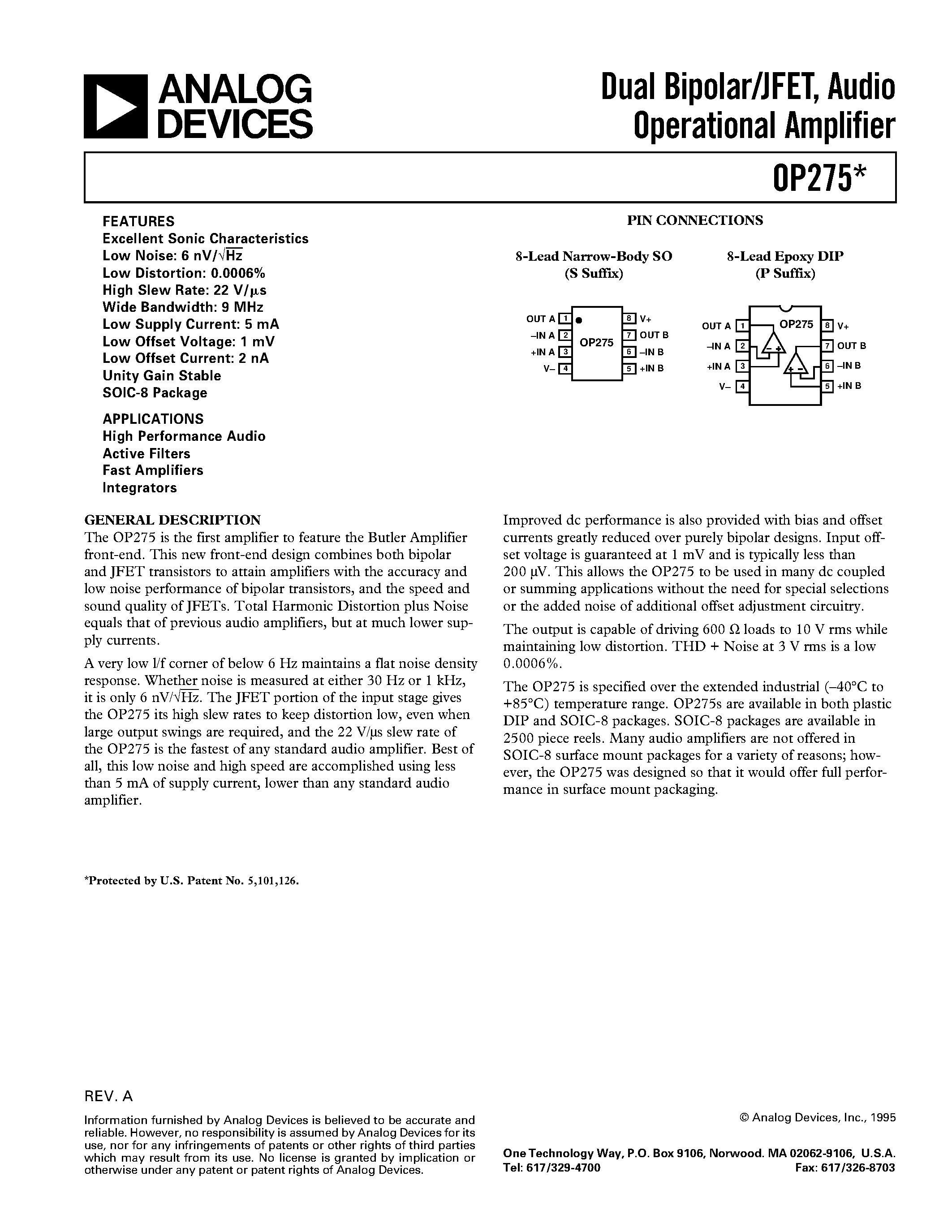 Datasheet OP275 - Dual Bipolar/JFET / Audio Operational Amplifier page 1