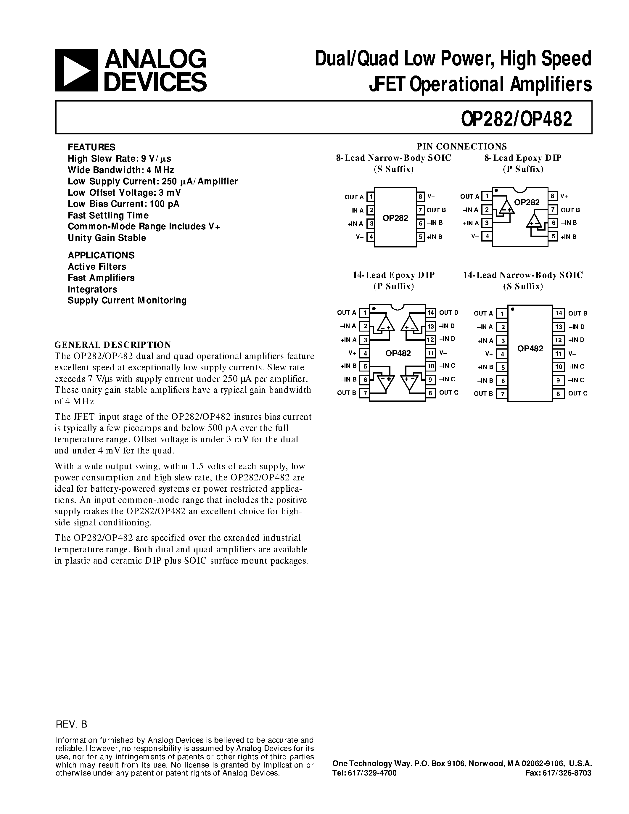 Datasheet OP282 - Dual/Quad Low Power / High Speed JFET Operational Amplifiers page 1