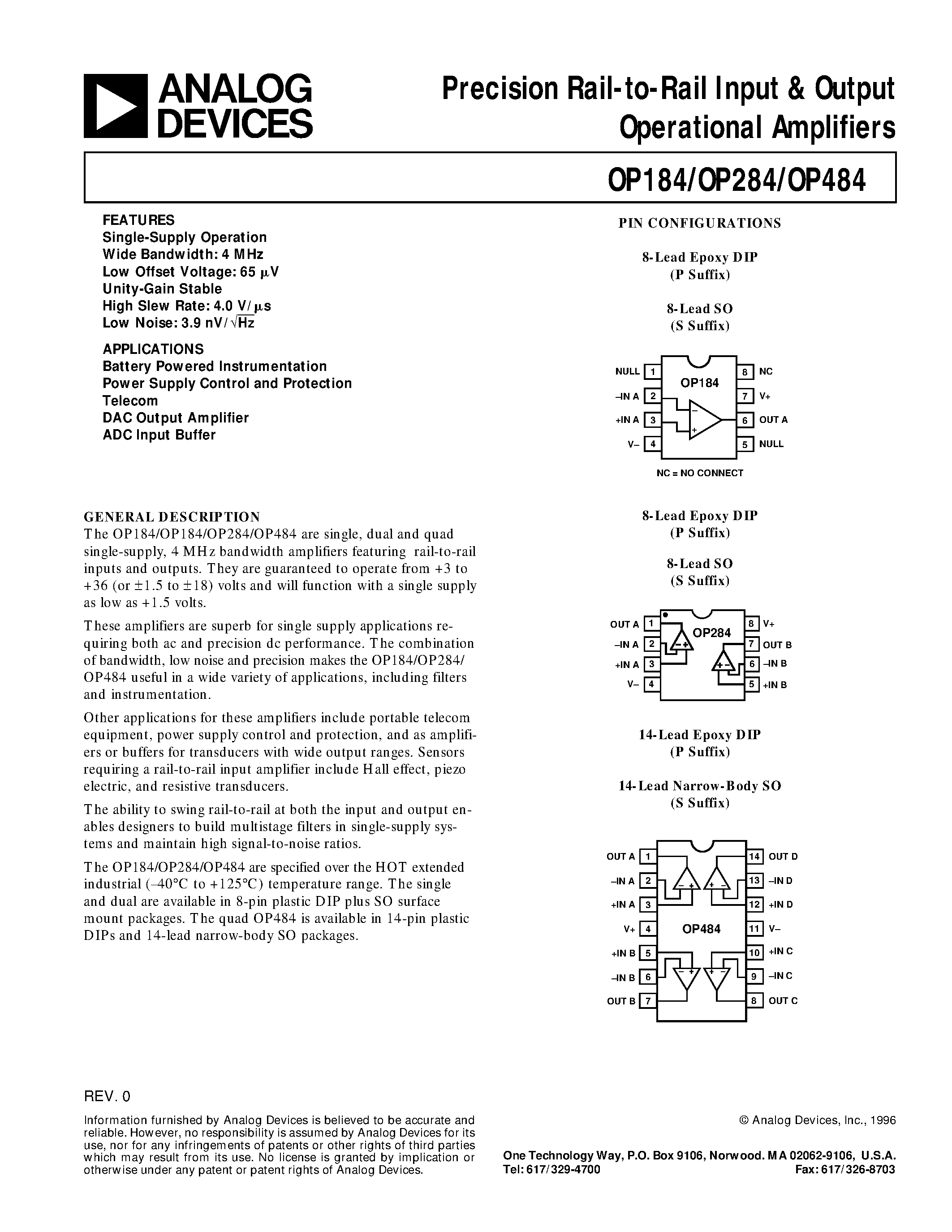 Datasheet OP284 - Precision Rail-to-Rail Input & Output Operational Amplifiers page 1