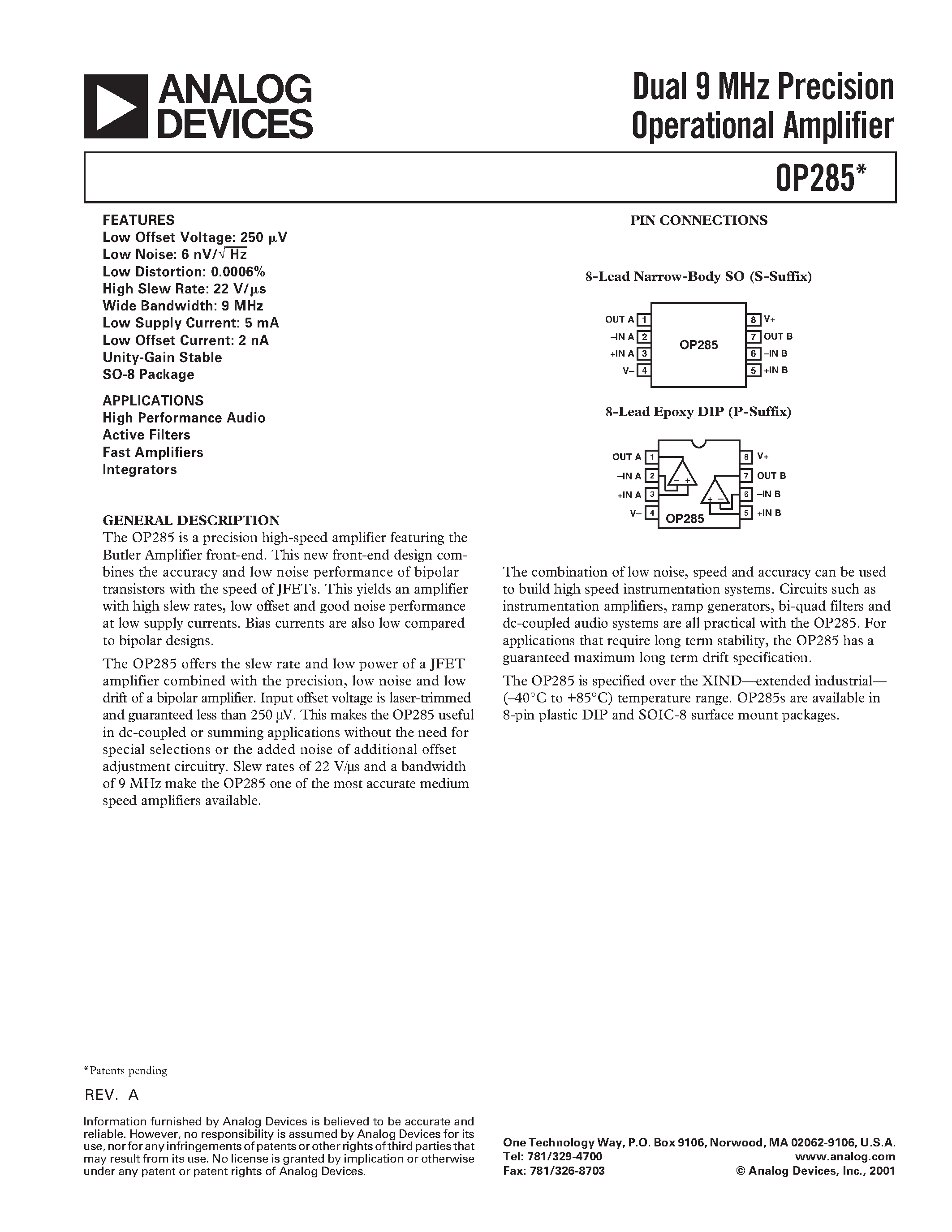 Datasheet OP285 - Dual 9 MHz Precision Operational Amplifier page 1