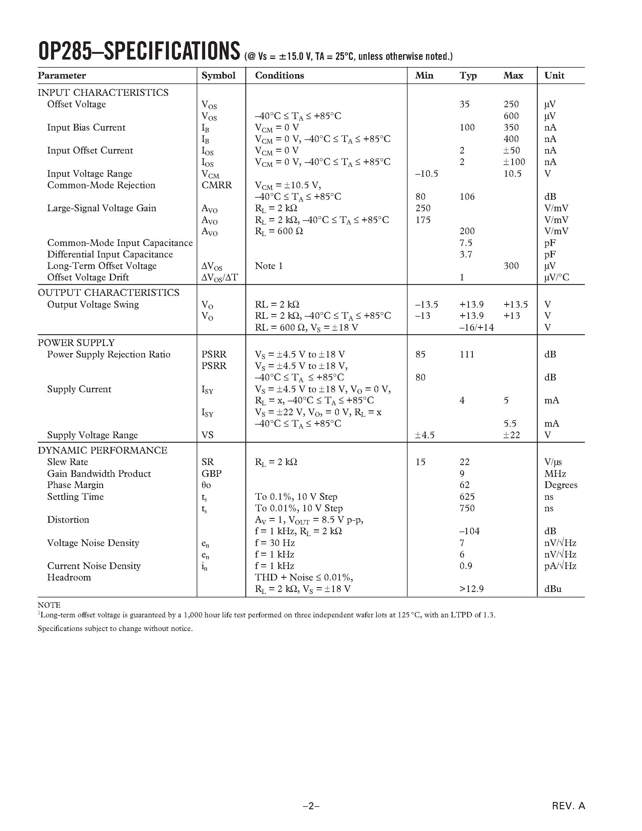 Datasheet OP285 - Dual 9 MHz Precision Operational Amplifier page 2