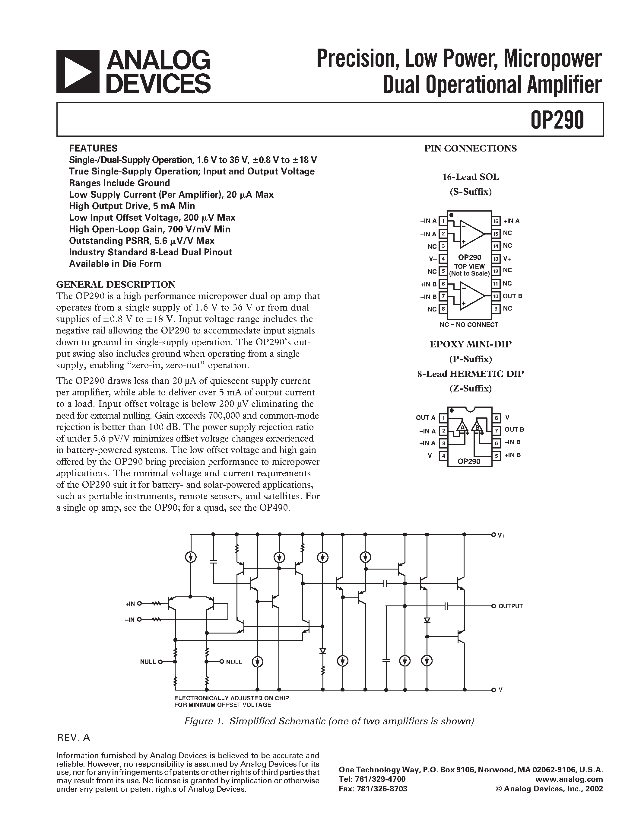 Datasheet OP290 - Precision / Low Power / Micropower Dual Operational Amplifier page 1