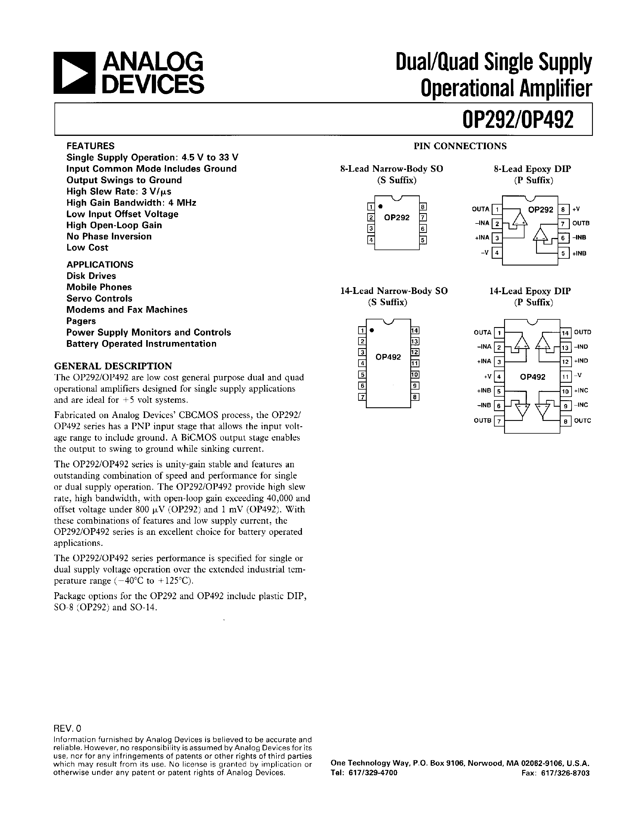 Datasheet OP292 - DUAL/QUAD SINGLE SUPPLY OPERATIONAL AMPLIFIER page 1