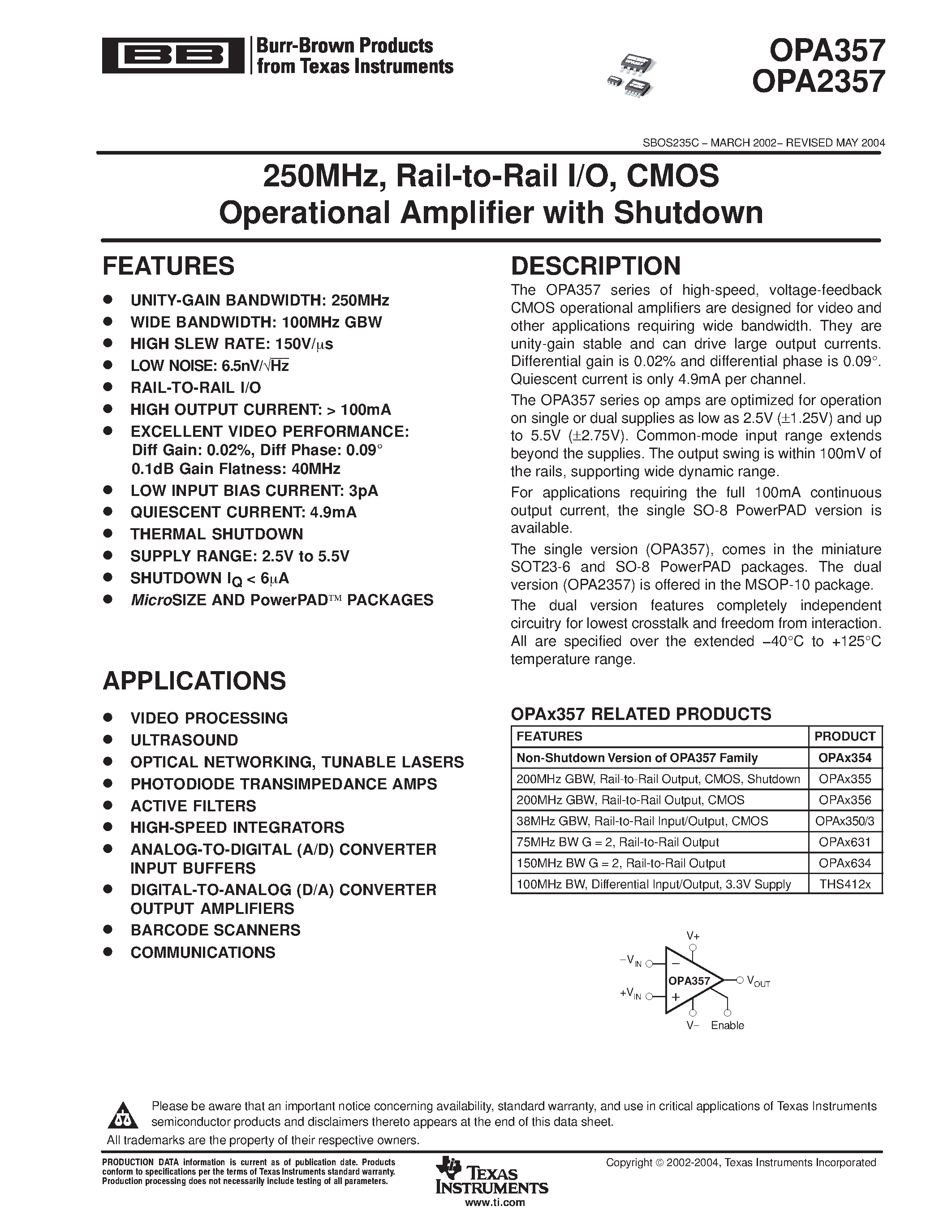 Datasheet OPA2357 - 250MHz / Rail-to-Rail I/O / CMOS Operational Amplifier with Shutdown page 1