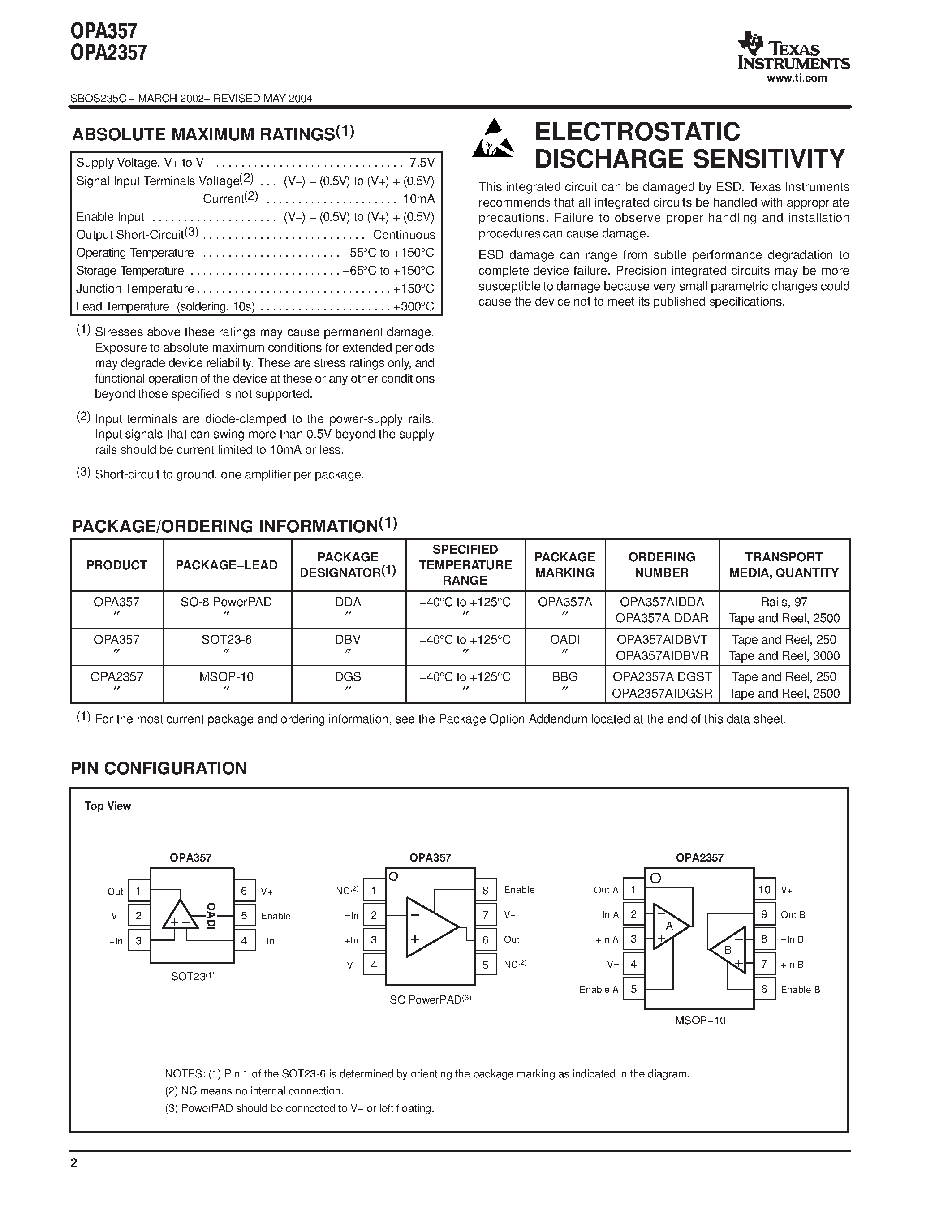 Datasheet OPA2357 - 250MHz / Rail-to-Rail I/O / CMOS Operational Amplifier with Shutdown page 2