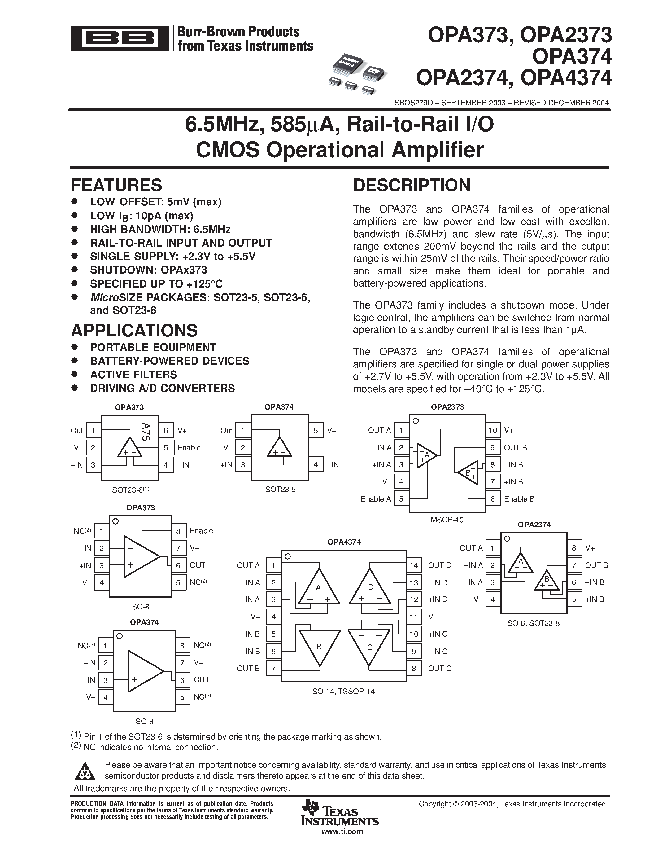 Даташит OPA373 - 6.5MHz / 585UA / Rail-to-Rail I/O CMOS Operational Amplifier страница 1