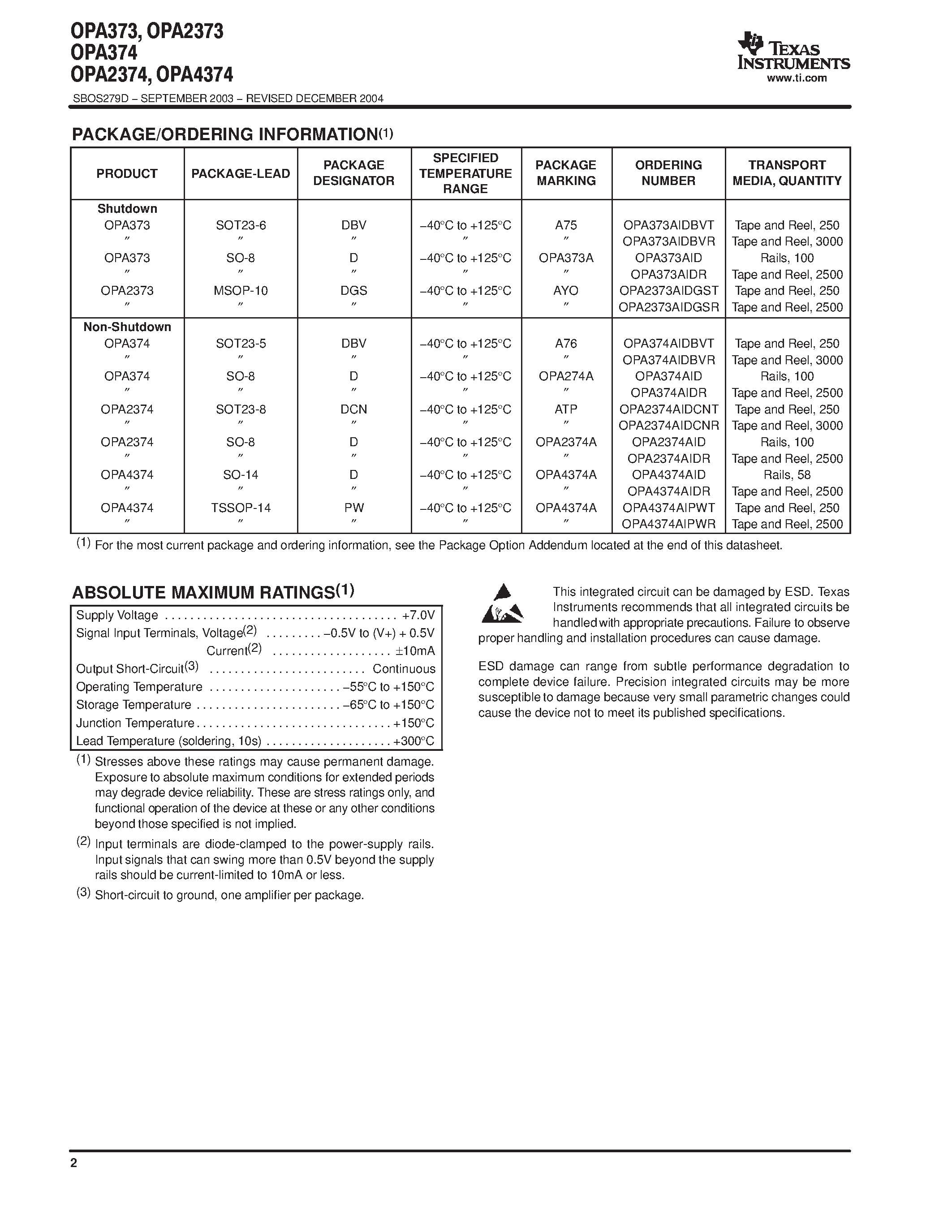 Datasheet OPA373 - 6.5MHz / 585UA / Rail-to-Rail I/O CMOS Operational Amplifier page 2