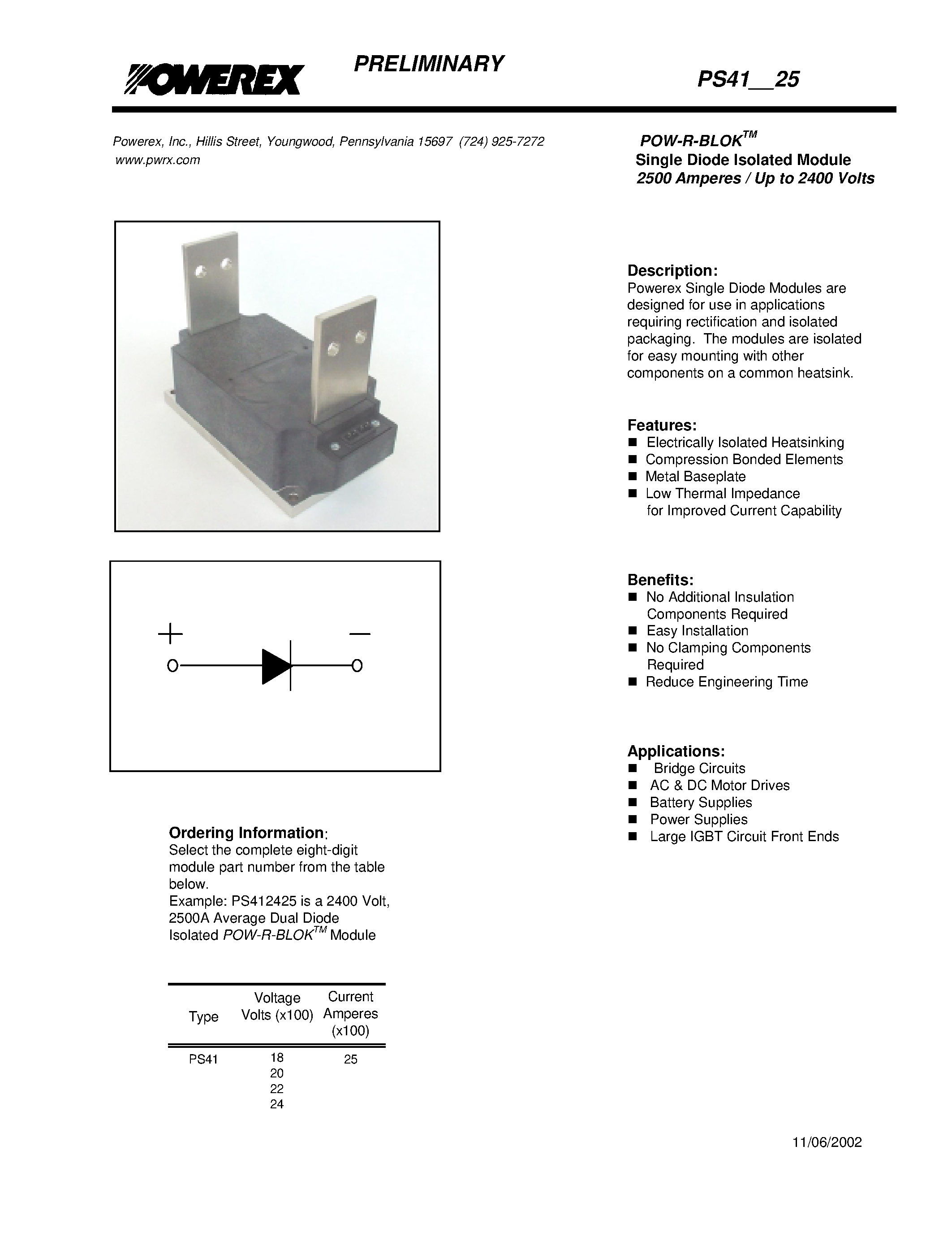 Datasheet P411825 - POW-R-BLOK Single Diode Isolated Module (2500 Amperes / Up to 2400 Volts) page 1